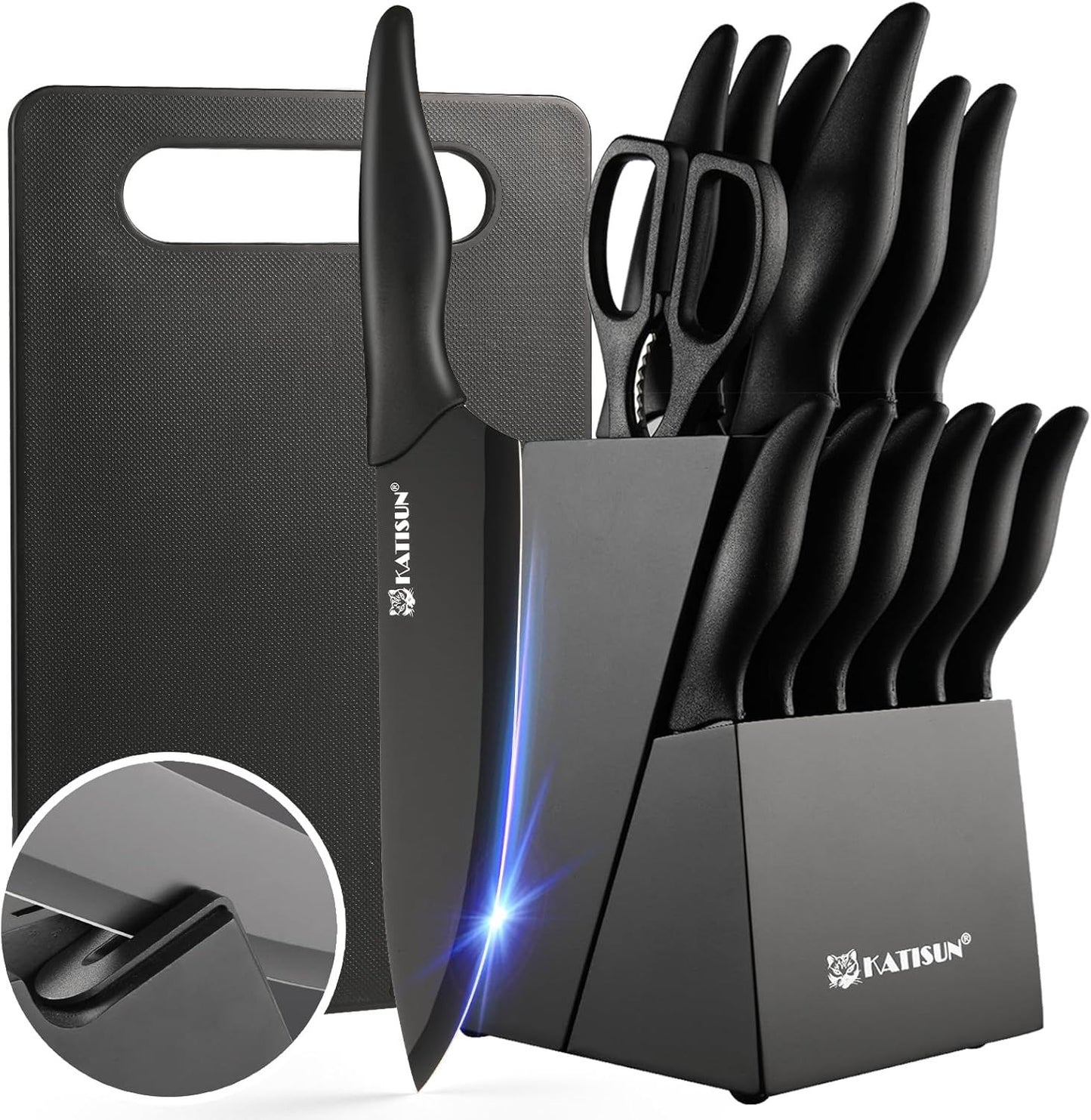 16 Pieces Kitchen Knife Block Set with Cutting Board, German Premium Quality Stainless Steel, Built-in sharpener, Dishwasher Safe, 6 Steak Knives, Anti-slip handle, Black - Discount Msrp