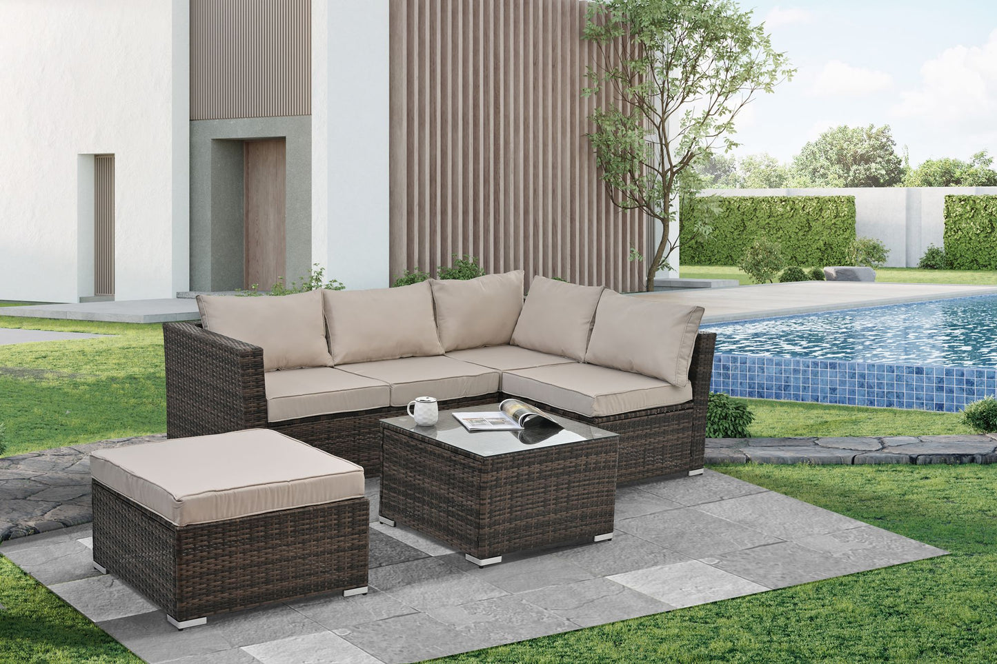 Patio Furniture, Outdoor Furniture, Seasonal PE Wicker Furniture, 4 Set Wicker Furniture With Tempered Glass Coffee Table - Discount Msrp