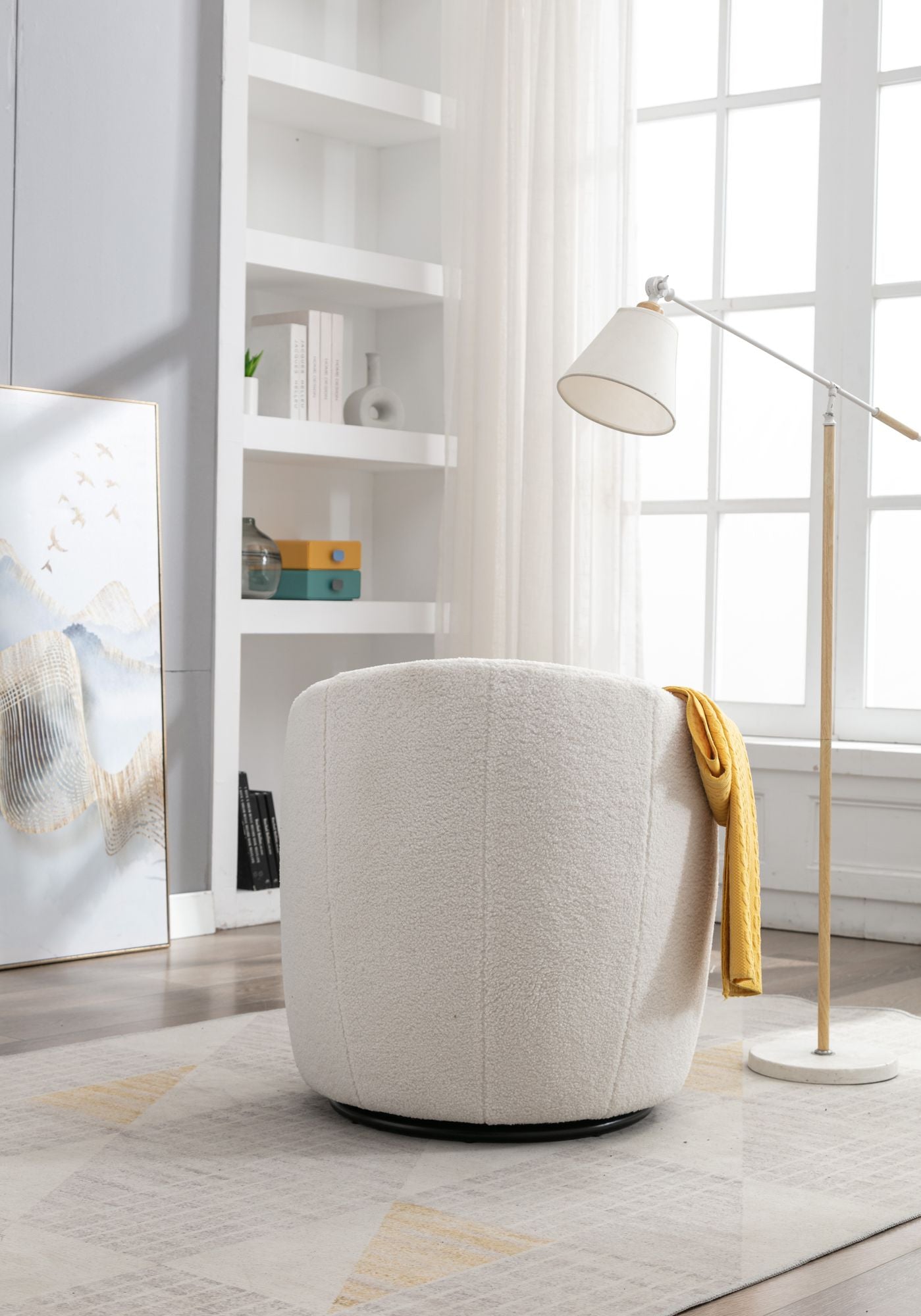 Teddy Fabric Swivel Accent Armchair Barrel Chair With Black Powder Coating Metal Ring,Ivory White - Discount Msrp