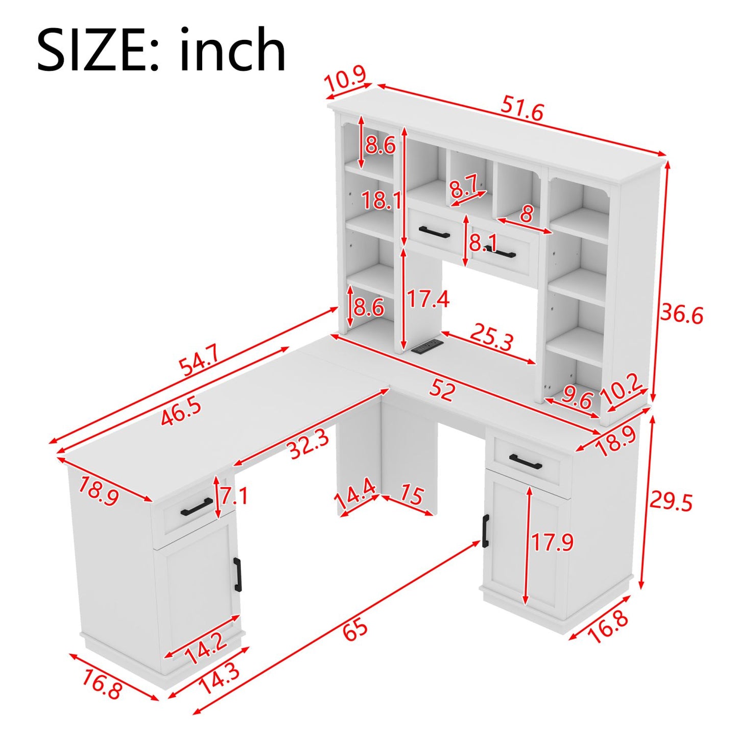 L-Shaped Computer Desk with 2 Cabinets and 2 Drawers, 11 Open Shelves and 1 Right Flip Shelf with Storage, with Power Outlet, for Study, Living Room and Office, White - Discount Msrp