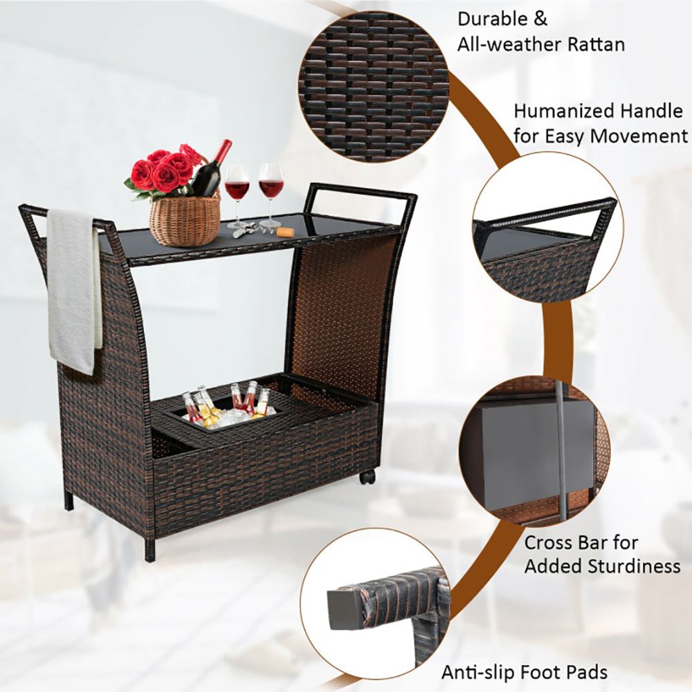 Patio Rattan Bar Serving Cart with Glass Top and Handle - Discount Msrp
