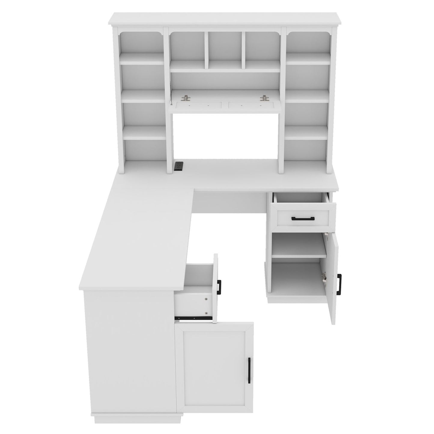 L-Shaped Computer Desk with 2 Cabinets and 2 Drawers, 11 Open Shelves and 1 Right Flip Shelf with Storage, with Power Outlet, for Study, Living Room and Office, White - Discount Msrp
