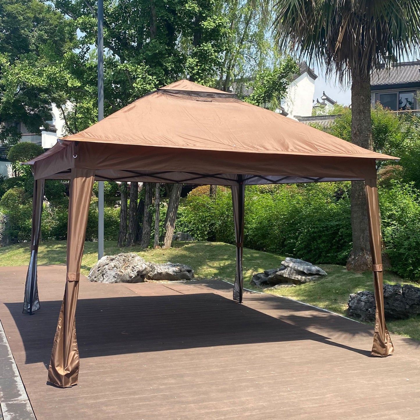 Outdoor 11x 11Ft Pop Up Gazebo Canopy With Removable Zipper Netting,2-Tier Soft Top Event Tent,Suitable For Patio Backyard Garden Camping Area with 4 Sandbags,Brown - Discount Msrp