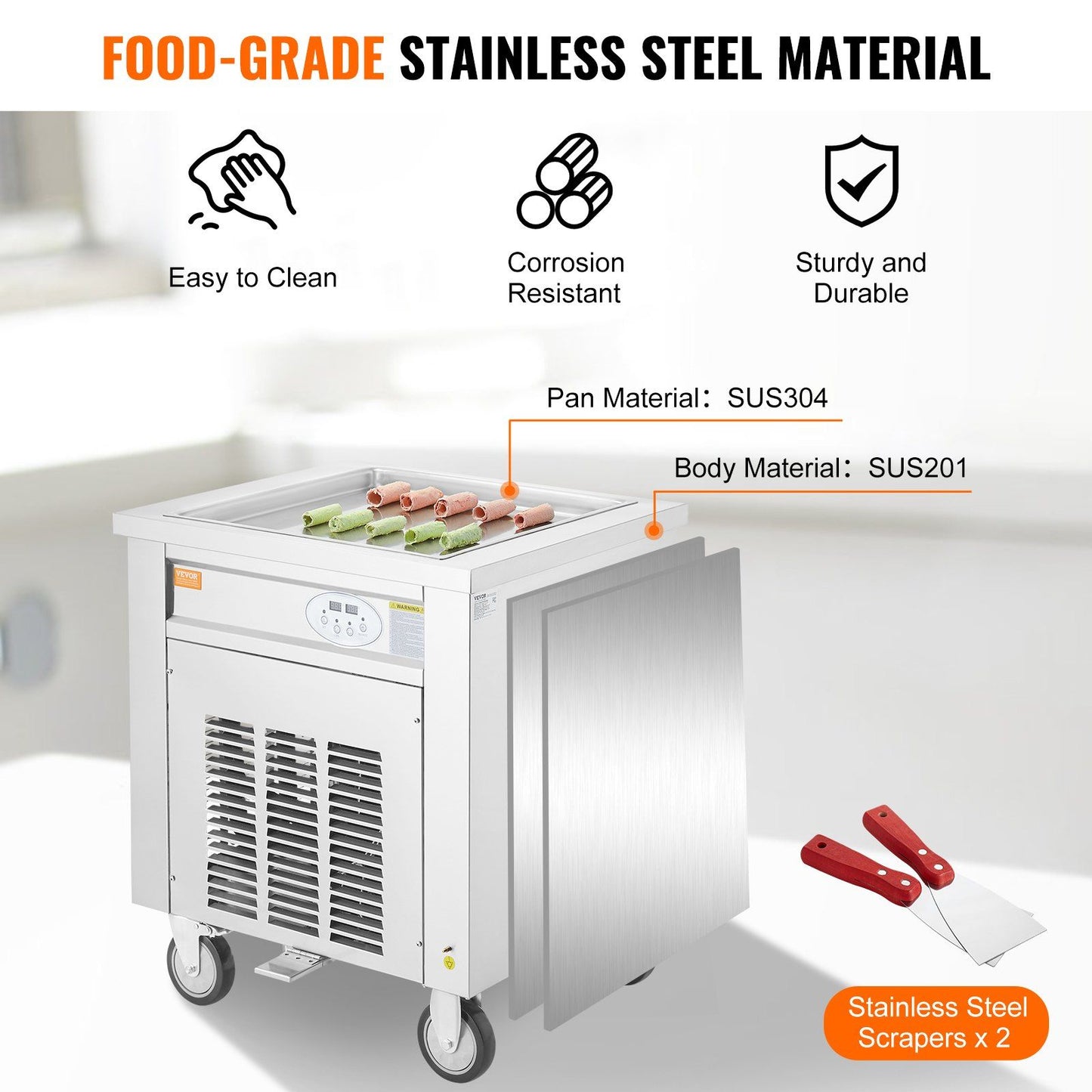 VEVOR Fried Ice Cream Roll Machine, 19.7" x 19.7" Square Stir-Fried Ice Cream Pan, Stainless Steel Commercial Rolled Ice Cream Maker with Compressor and 2 Scrapers, for Making Ice Cream, Frozen Yogurt - Discount Msrp