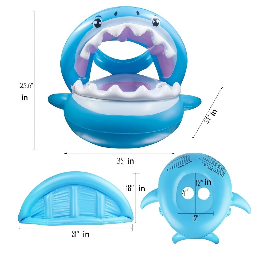 Inflatable Swim Rings For Kids With Sun Shade Poncho; Swim Rings For Infants And Toddlers; Foldable Shark Swim Seat Rings - Discount Msrp