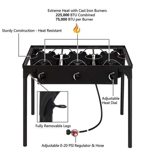 Outdoor Camp Stove High Pressure Propane Gas Cooker Portable Cast Iron Patio Cooking Burner (Three Burner 225000-BTU) - Discount Msrp