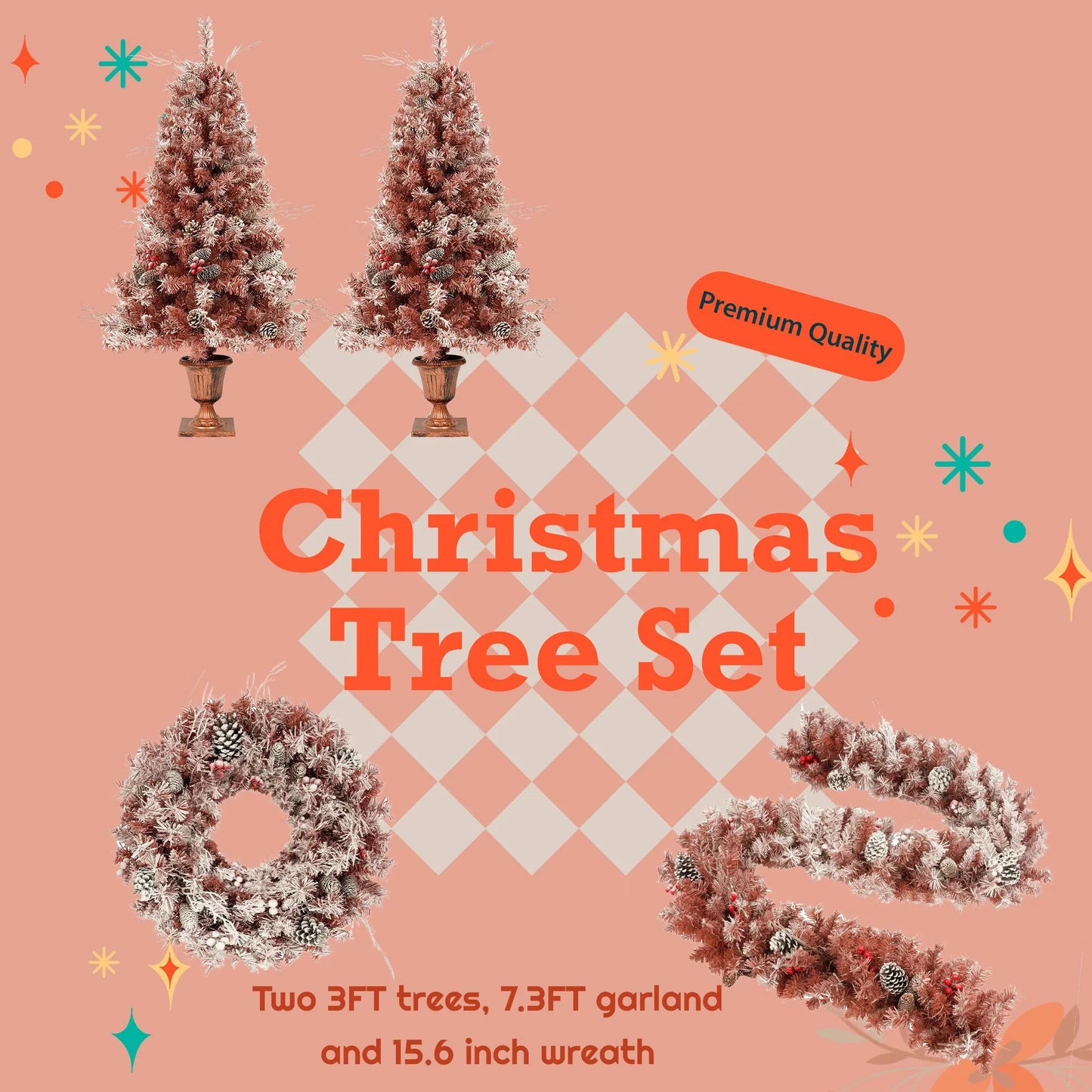 GO 4-Pieces Set Artificial Christmas Tree, Brown Needles with flocking, with Warm Lights, pine cones and berries, Artificial Tree for door and fireplace - Discount Msrp