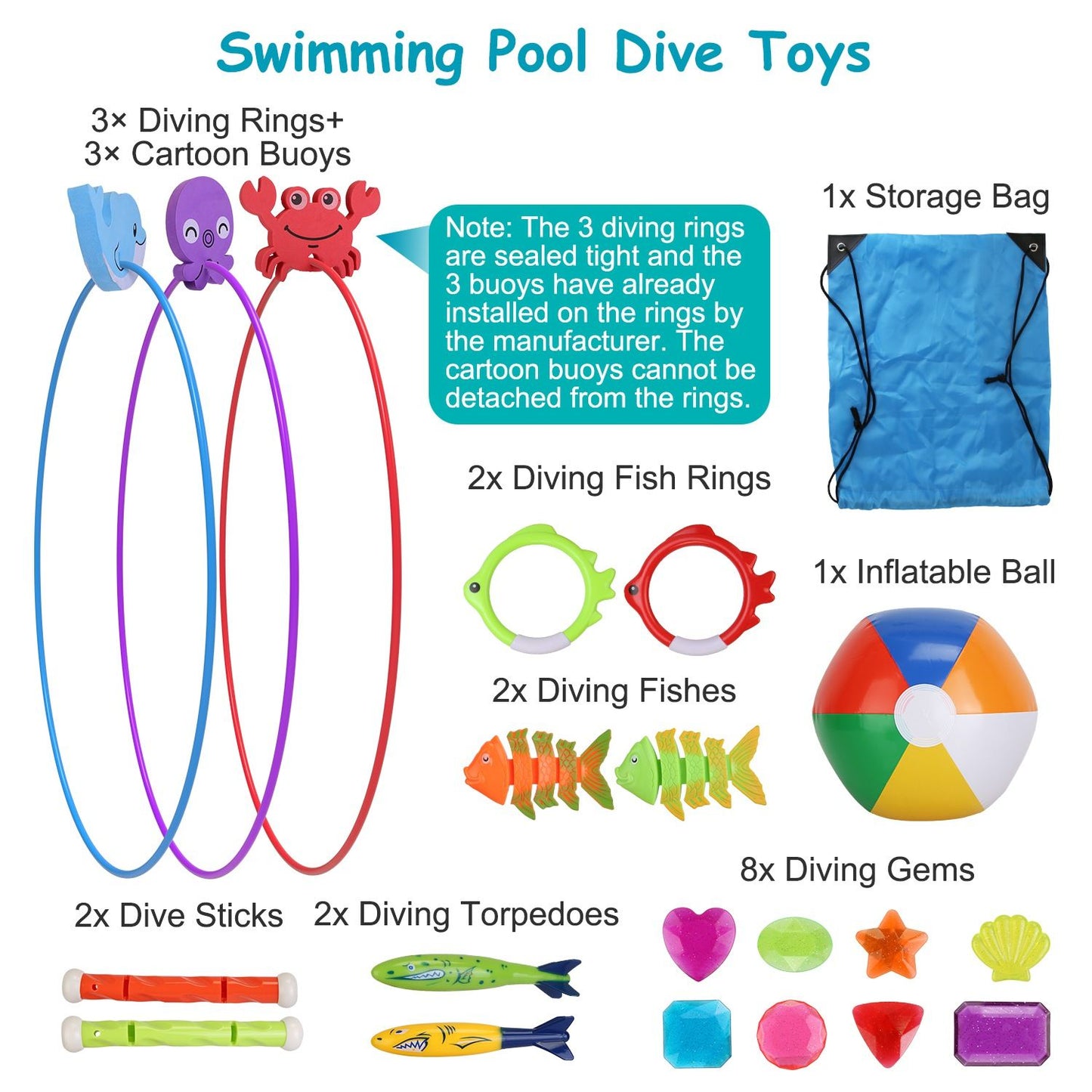 24Pcs Diving Toys Swimming Pool Toys Swim Toys for Kids Aged 3+ Years Old Swim Thru Rings Torpedoes Gems Volleyball Storage Bag - Discount Msrp