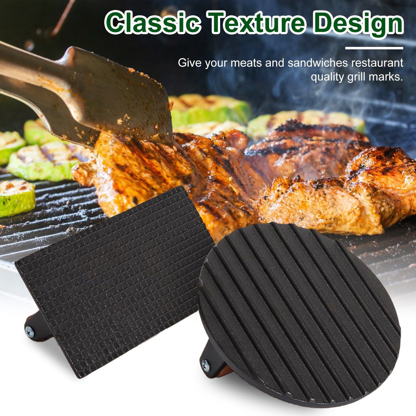2Pcs Cast Iron Grill Press Pre-Seasoned Steak Weights Smash Burger Press Bacon Meat Smasher with Wood Handle 7in Round & 8.2x4.25in Rectangular Grill Press - Discount Msrp
