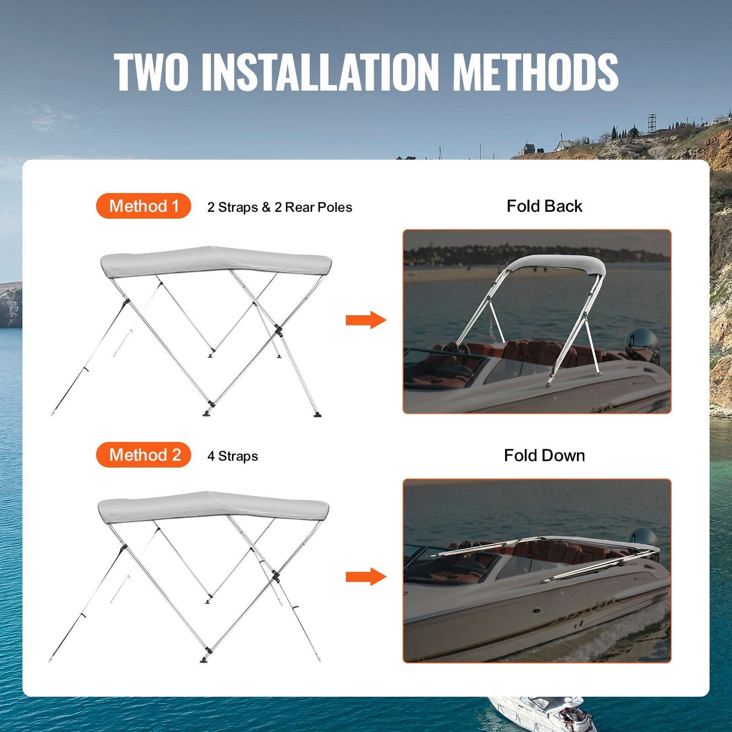 VEVOR 3 Bow Bimini Top Boat Cover, 900D Polyester Canopy with 1" Aluminum Alloy Frame, Waterproof and Sun Shade, Includes Storage Boot, 4 Straps, 2 Support Poles, 6'L x 46"H x 61"-66"W, Light Grey - Discount Msrp
