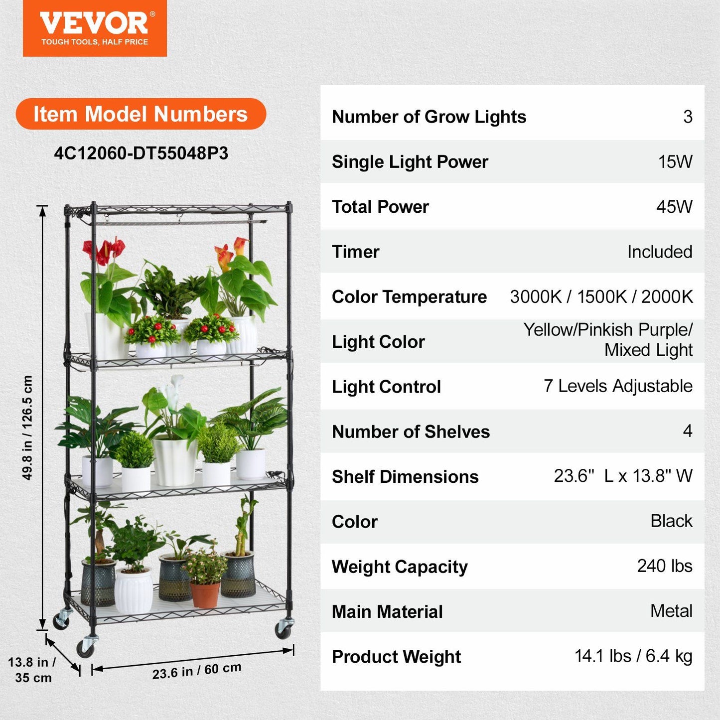 VEVOR Plant Stand with Grow Light, 4-Tier Plant Shelf with 45W Full Spectrum Grow Light, 3 Mode Plant Light with Timer and Wheel for Seed Starting, Metal Grow Light Shelf for Indoor Plants - Discount Msrp