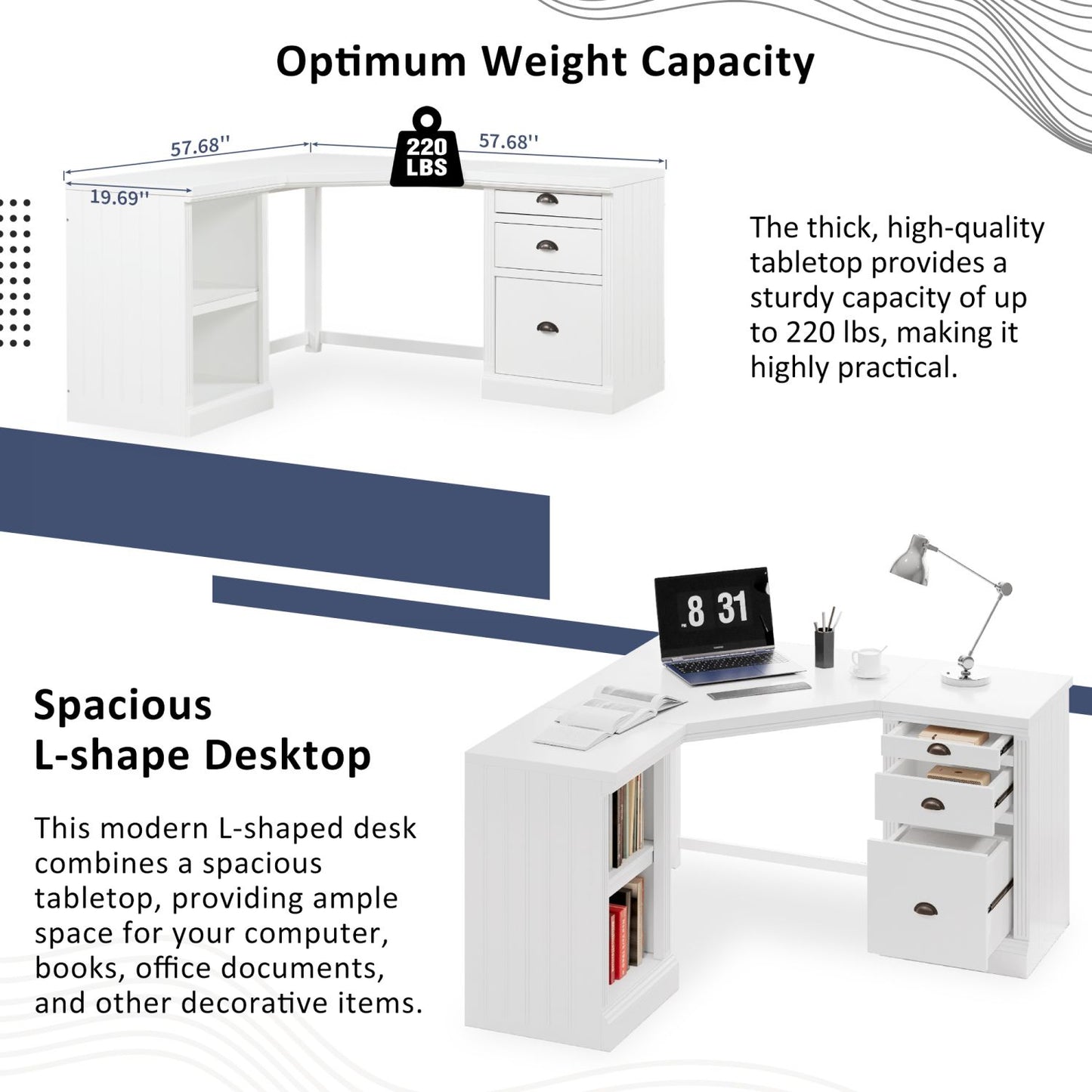 57.68" Modern L Shaped Executive Desk with 2 Storage Cabinets and 3 Drawers,Corner Writing Desk,Office Desk Furniture,Computer Desks with Depth Workstation for Home Office,Living room,White - Discount Msrp