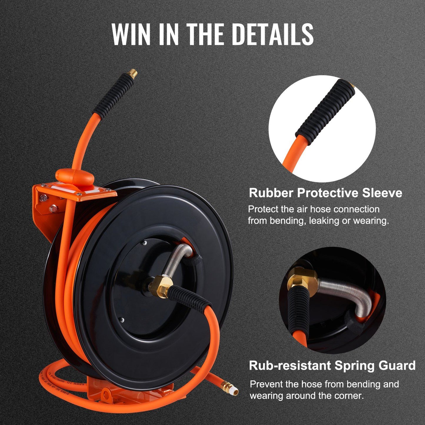 VEVOR Retractable Air Hose Reel, 3/8 IN x 50 FT Hybrid Air Hose Max 300PSI, Air Compressor Hose Reel with 5 ft Lead in, Ceiling / Wall Mount Heavy Duty Single Arm Steel Reel - Discount Msrp