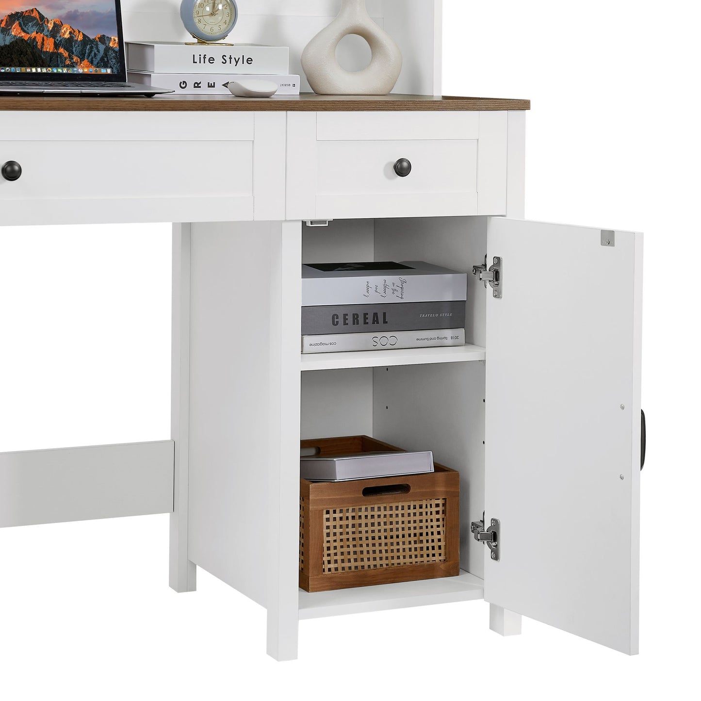 52" Farmhouse Executive Desk with Drawers, Wood Home Office Desk w/Charging Station, File Drawer, Storage Cabinet, Rustic Computer Writing Desk (Antique White) - Discount Msrp