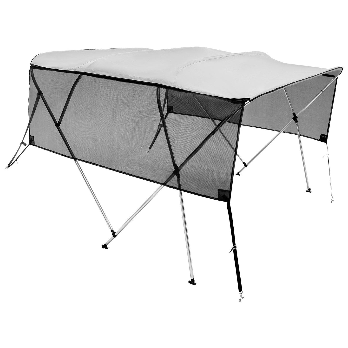 VEVOR 4 Bow Bimini Top Boat Cover, Detachable Mesh Sidewalls, 600D Polyester Canopy with 1" Aluminum Alloy Frame, Includes Storage Boot, 2 Straps, 2 Support Poles, 8'L x 54"H x 85"-90"W, Light Grey - Discount Msrp