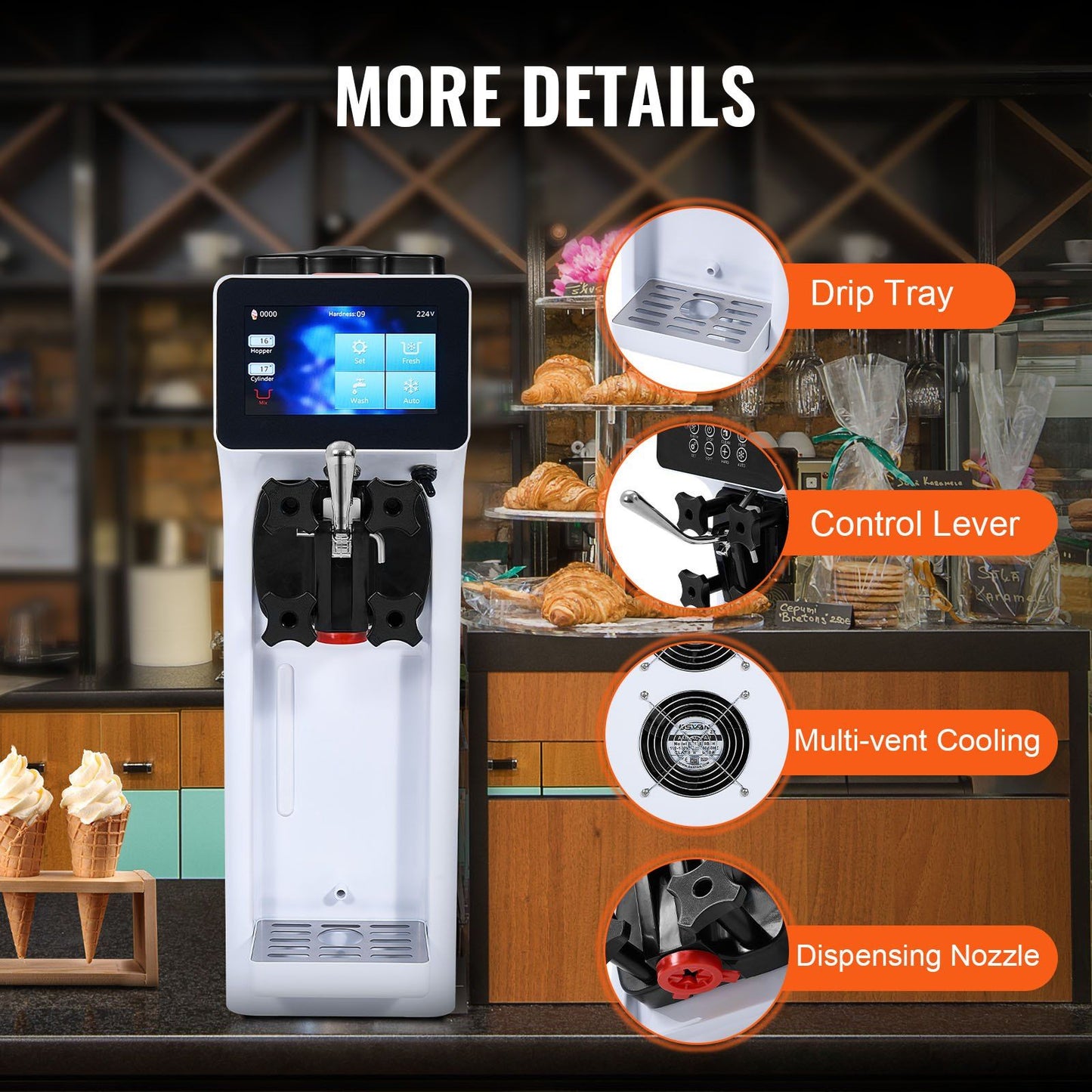 VEVOR Commercial Ice Cream Machine, 10.6 QT/H Yield, 1000W Single Flavor Countertop Soft Serve Ice Cream Maker, 4L Hopper 1.6L Cylinder, Touch Screen Auto Clean Pre-cooling, for Restaurant Snack Bar - Discount Msrp