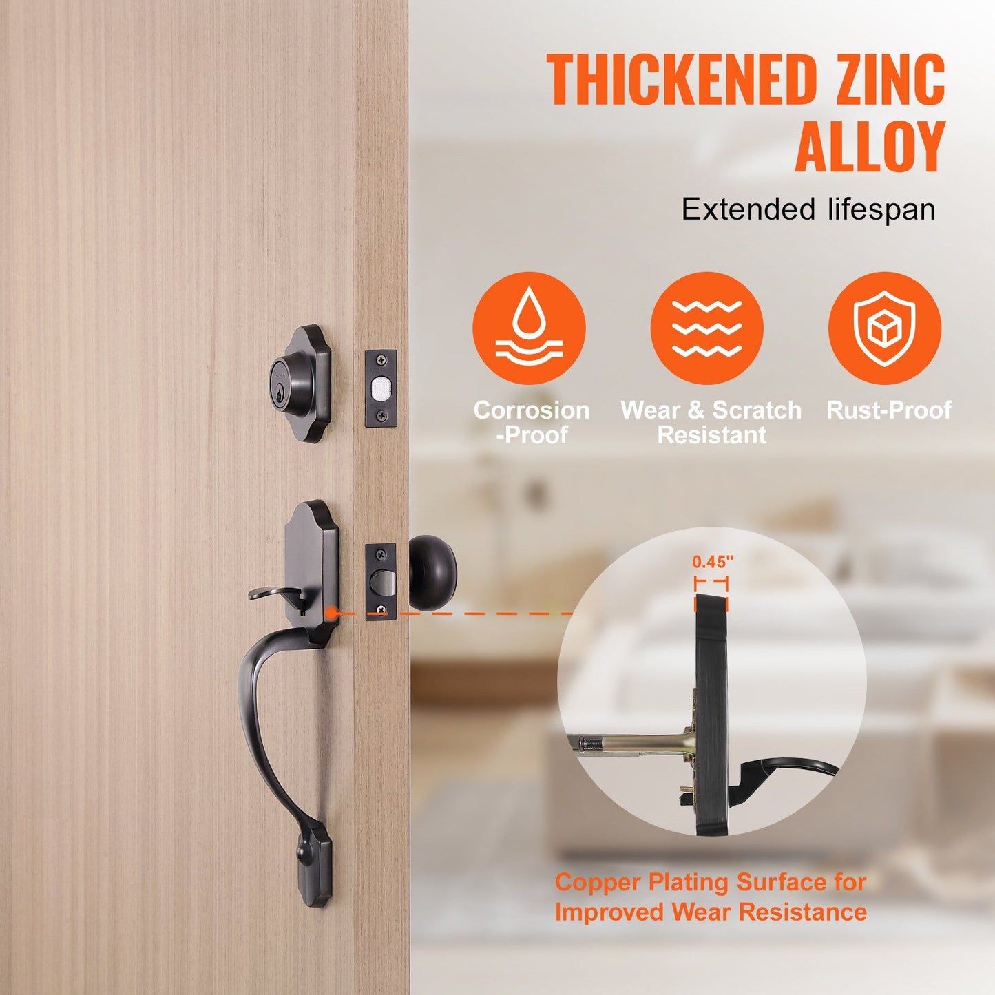 VEVOR Front Door Handle and Deadbolt Set, Antique Copper Front Door Lock Set with Interior Knob, Adjustable Hole Spacing Single Cylinder Handleset, for Right and Left Handed Entrance and Front Door - Discount Msrp