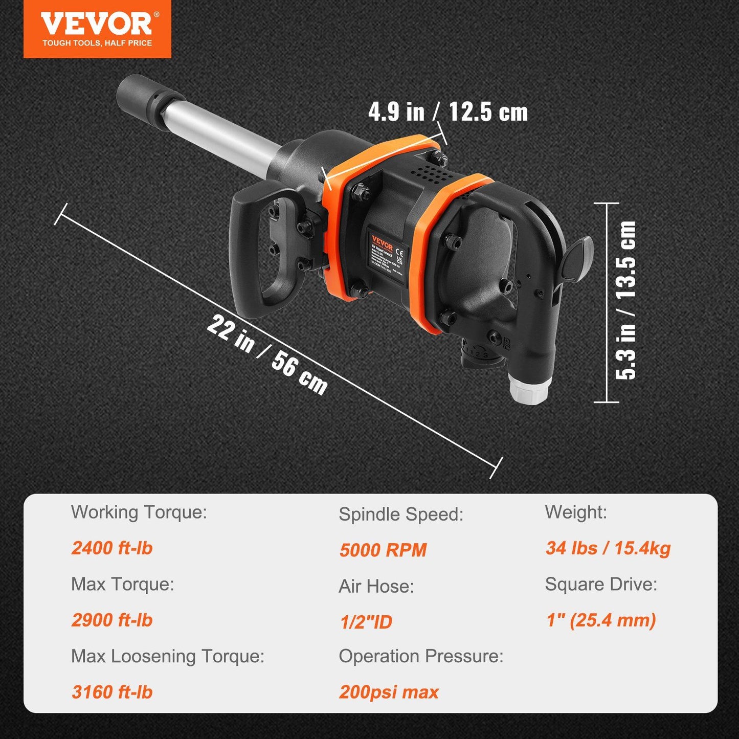 VEVOR 1 Inch Air Impact Wrench, Up to 3160 ft-lbs High Reverse Torque Output 1" Pneumatic Impact Gun w/ 8 Inch Extended Anvil & Carrying Case for Heavy Duty Repairs and Maintenance - Discount Msrp