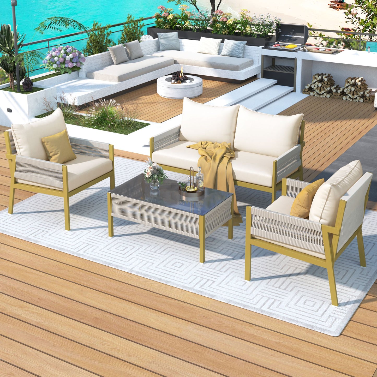 4-Piece Rope Patio Furniture Set, Outdoor Furniture with Tempered Glass Table, Patio Conversation Set Deep Seating with Thick Cushion for Backyard Porch Balcony - Discount Msrp