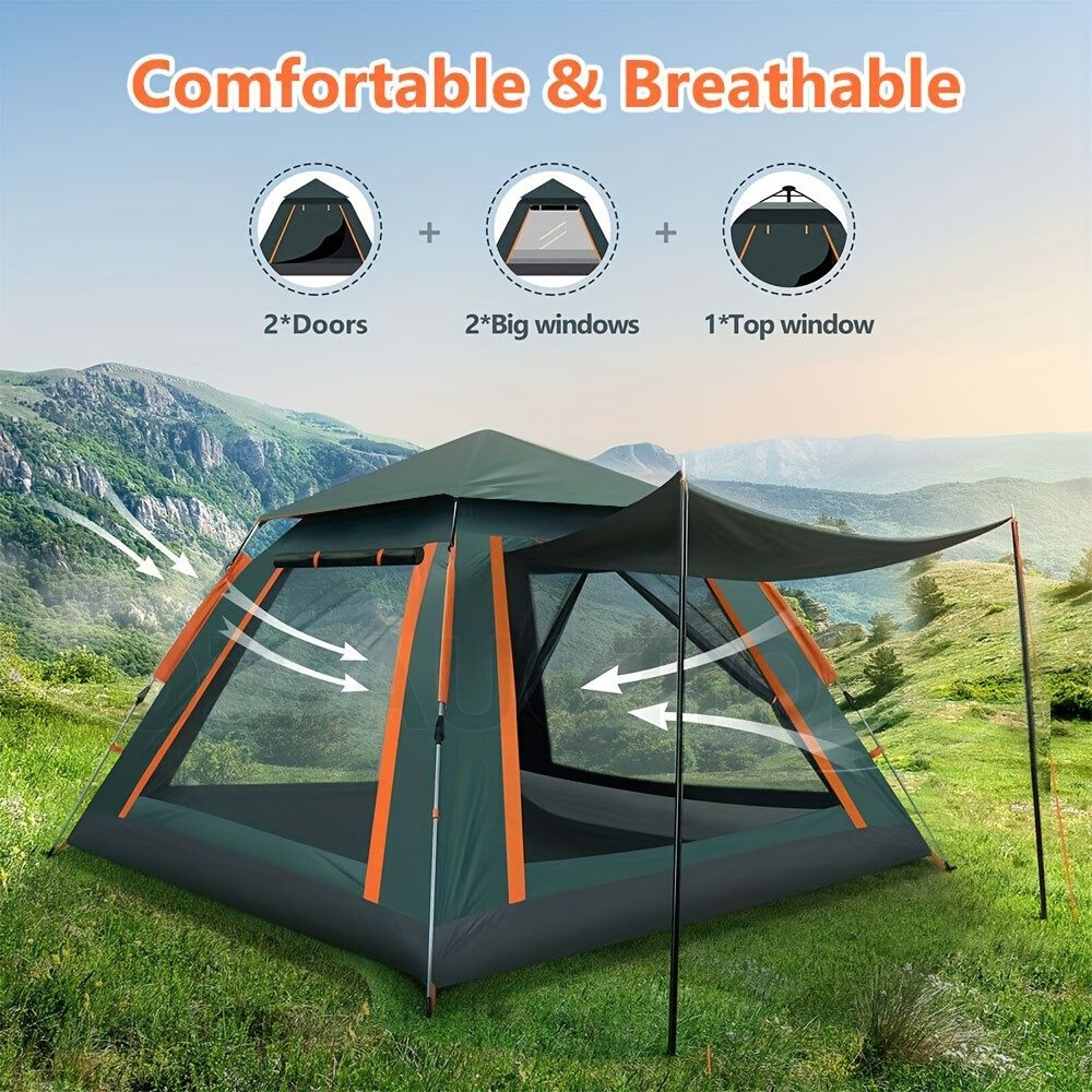 Muti-Person Outdoor Automatic Quick Opening Camping Tent with Mesh Windows. Made of Oxford Fabric, Comes with Portable Bag & Moisture - Proof Mat. Ideal for Family Camping, Fishing, Hunting - Discount Msrp