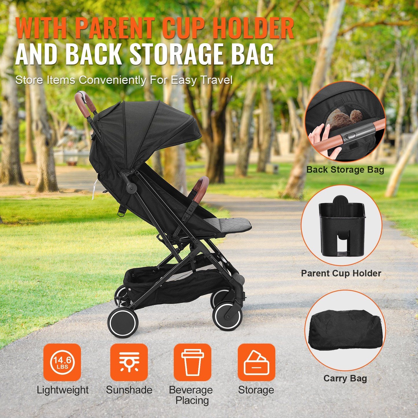 VEVOR Standard Baby Infant Stroller, Toddler Stroller with 95°-150° Adjustable Backrest & & 0/90°Adjustable Footrest & One-click Folding, Newborn Stroller with Cup Holder and Carry Bag, Black - Discount Msrp