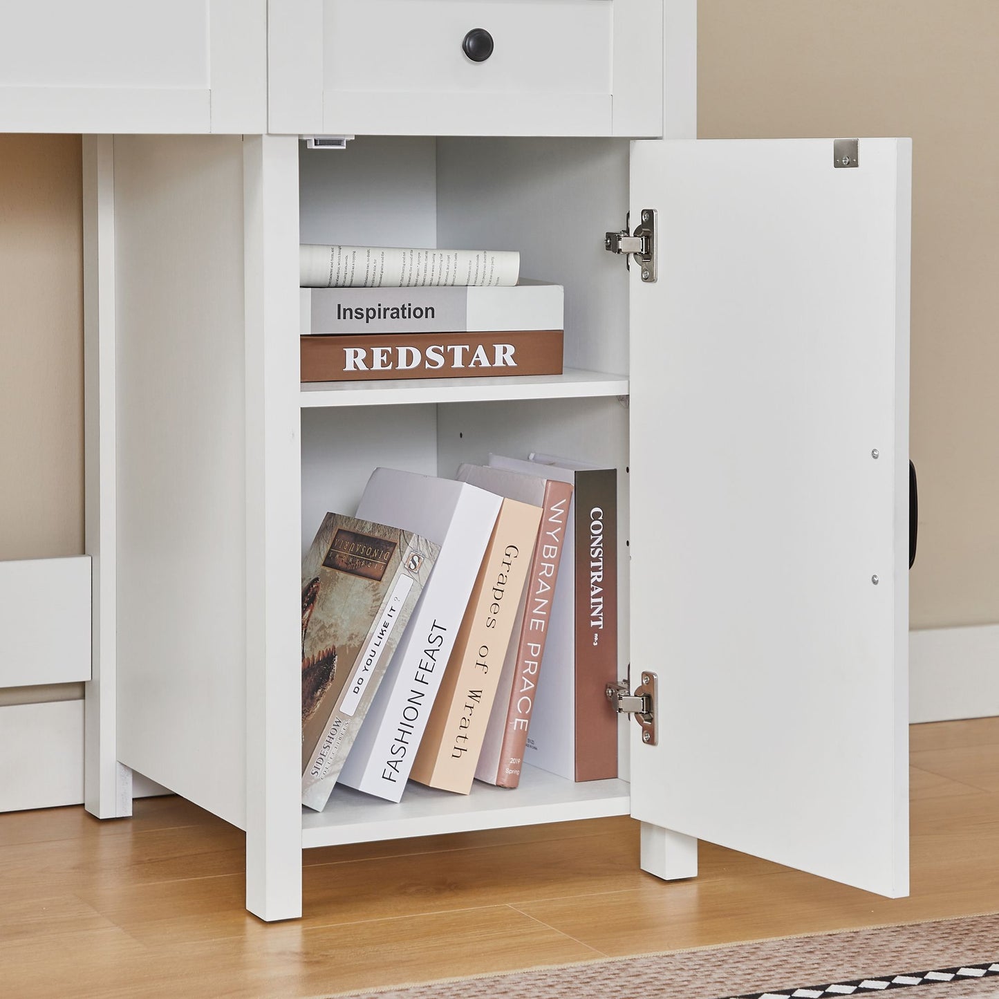 52" Farmhouse Executive Desk with Drawers, Wood Home Office Desk w/Charging Station, File Drawer, Storage Cabinet, Rustic Computer Writing Desk (Antique White) - Discount Msrp