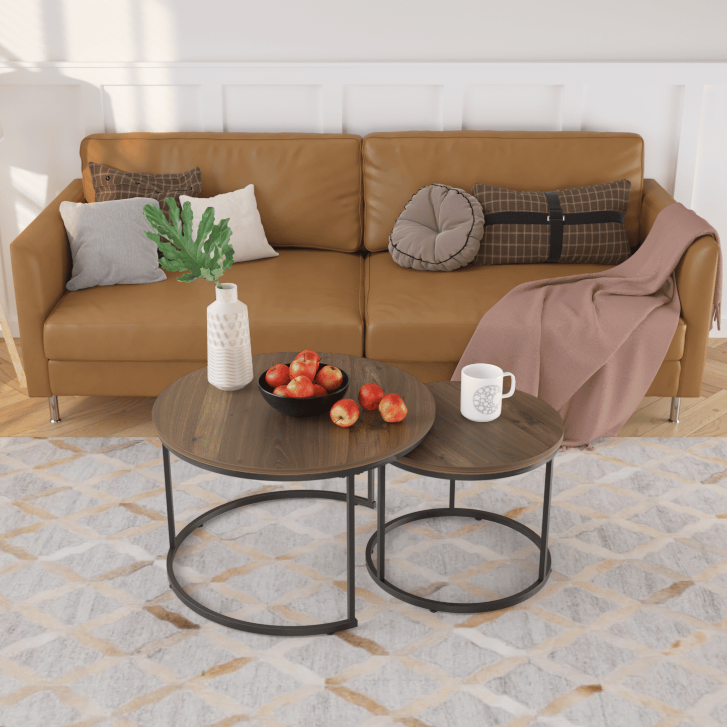 Nesting Coffee Table Set of 2, 27.6inch Round Coffee Table Industrial Wood Finish with Sturdy Metal Frame, End Table Side Tables for Living Room Bedroom Balcony Yard - Discount Msrp