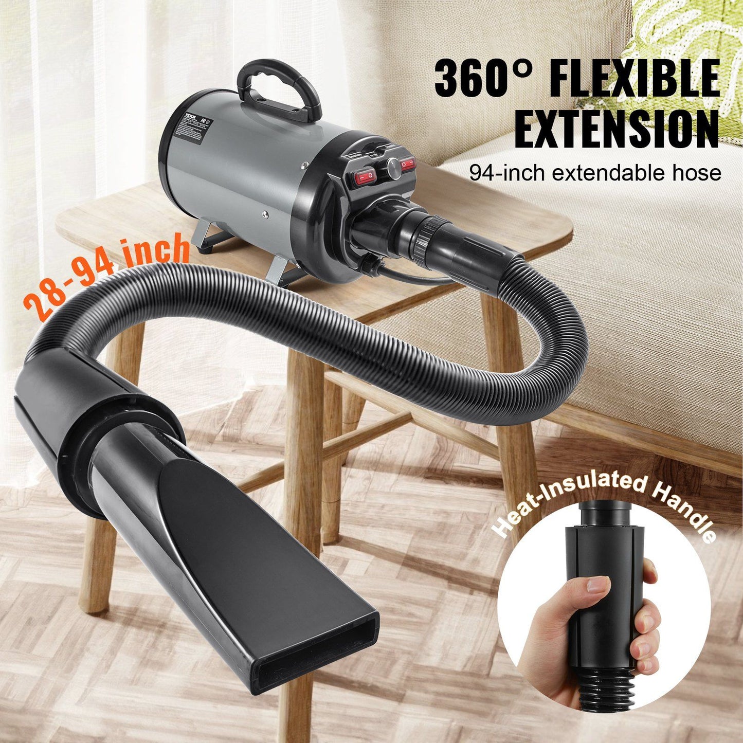 VEVOR Dog Dryer, 2800W/4.3HP Dog Blow Dryer, Pet Grooming Dryer with Adjustable Speed and Temperature Control, Pet Hair Dryer with 4 Nozzles and Extendable Hose, Grey and Black - Discount Msrp