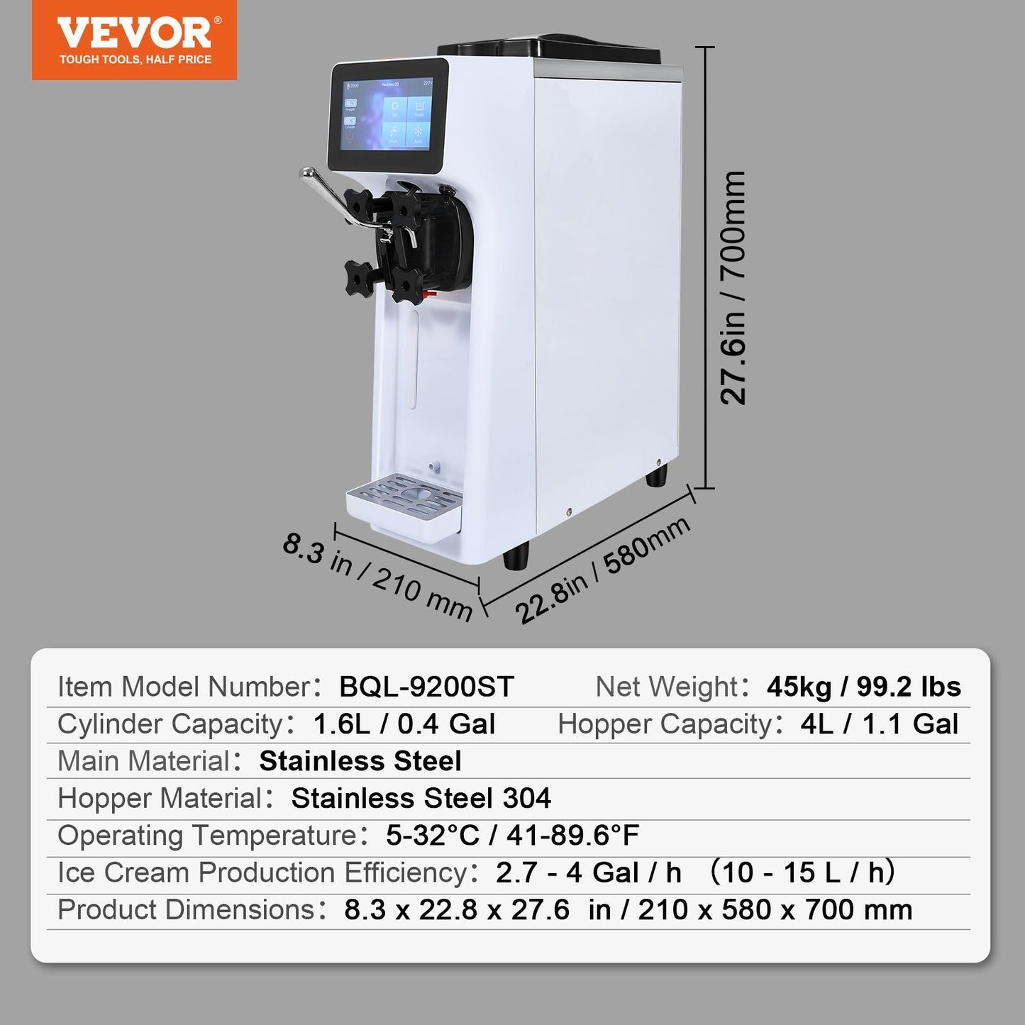 VEVOR Commercial Ice Cream Machine, 10.6 QT/H Yield, 1000W Single Flavor Countertop Soft Serve Ice Cream Maker, 4L Hopper 1.6L Cylinder, Touch Screen Auto Clean Pre-cooling, for Restaurant Snack Bar - Discount Msrp