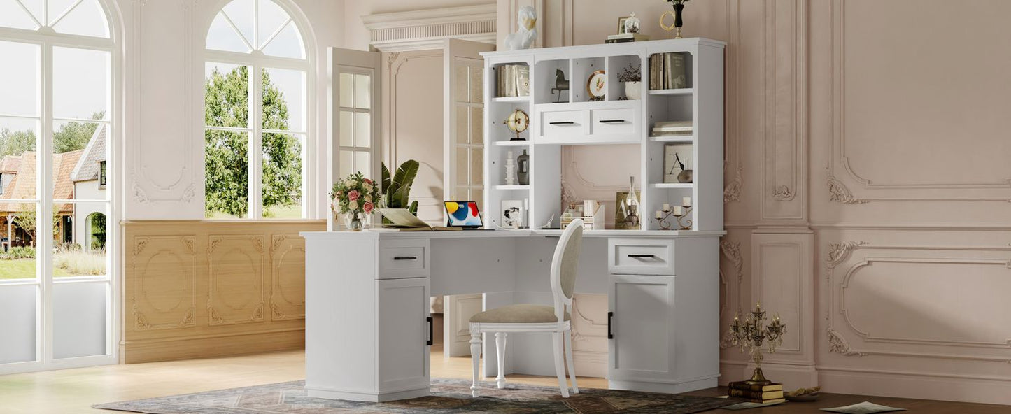 L-Shaped Computer Desk with 2 Cabinets and 2 Drawers, 11 Open Shelves and 1 Right Flip Shelf with Storage, with Power Outlet, for Study, Living Room and Office, White - Discount Msrp