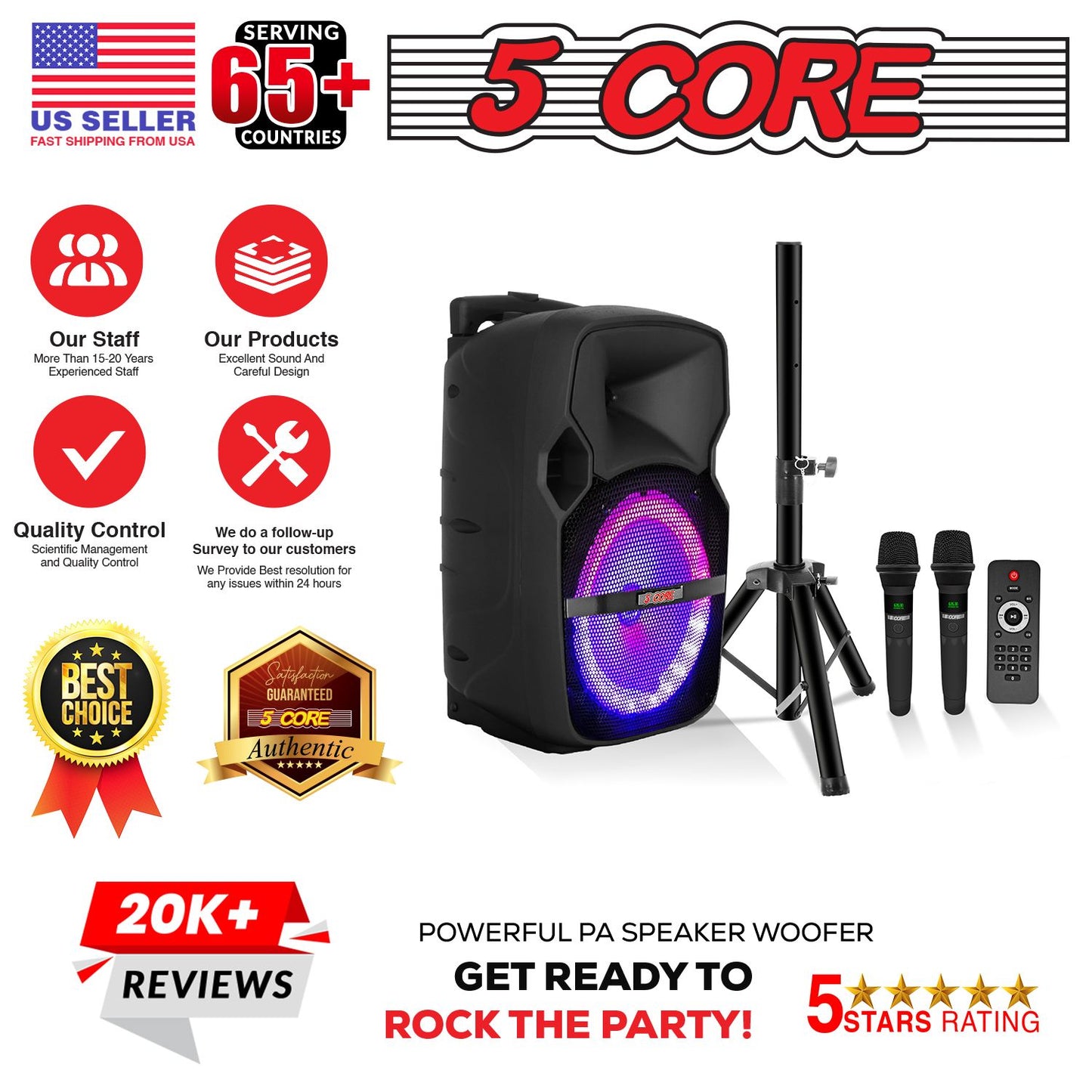 5 Core 10 inch PA Portable Bluetooth Party Speaker Karaoke Boombox + 2 Wireless Mics : ACTIVE HOME 10 2-MIC - Discount Msrp