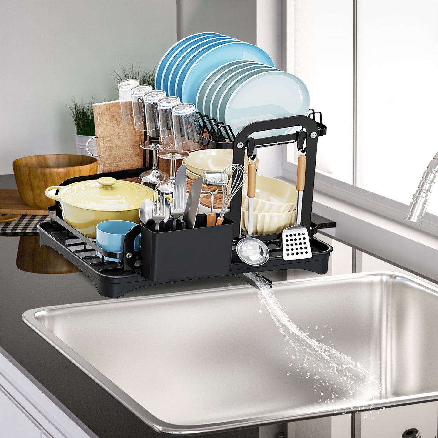 2-Tier Dish Drying Rack for Kitchen Counter Space Saving Rustproof Dish Rack with Drainboard Detachable Kitchen Drainer Organizer Set - Discount Msrp