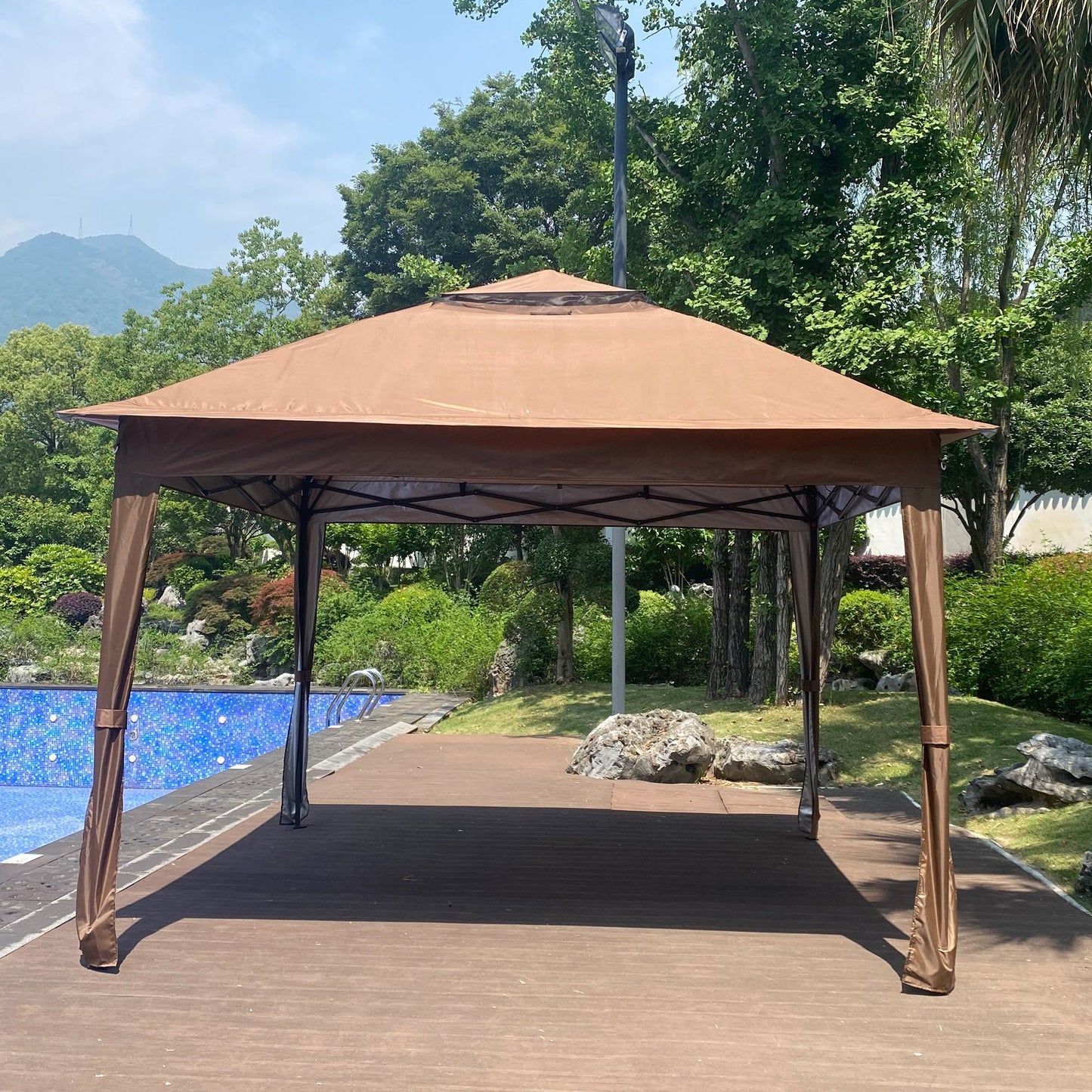 Outdoor 11x 11Ft Pop Up Gazebo Canopy With Removable Zipper Netting,2-Tier Soft Top Event Tent,Suitable For Patio Backyard Garden Camping Area with 4 Sandbags,Brown - Discount Msrp