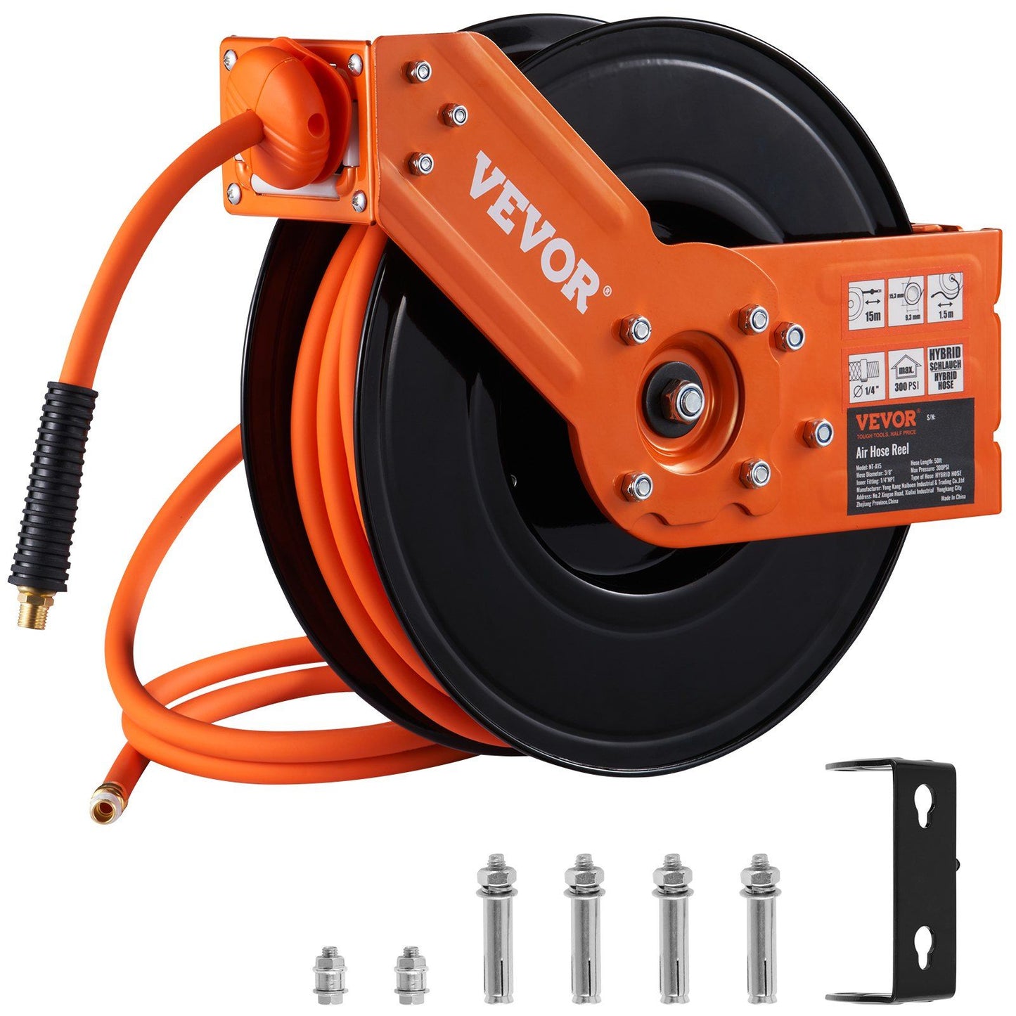 VEVOR Retractable Air Hose Reel, 3/8 IN x 50 FT Hybrid Air Hose Max 300PSI, Air Compressor Hose Reel with 5 ft Lead in, Ceiling / Wall Mount Heavy Duty Single Arm Steel Reel - Discount Msrp