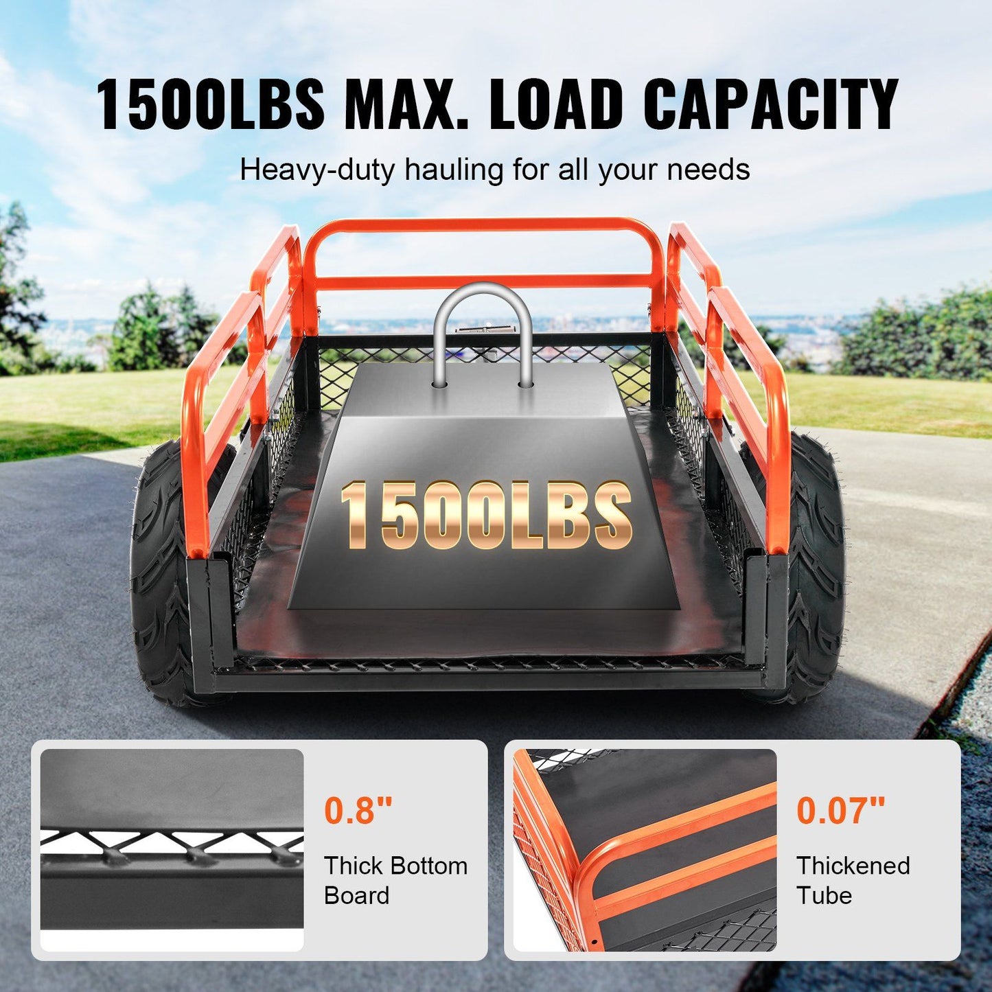VEVOR Heavy Duty Steel ATV Dump Trailer, 1500-Pound Load Capacity 15 Cubic Feet, Tow Behind Dump Cart Garden Trailer, with Removable Sides and 2 Tires, for Mowers, Tractors, ATV, UTV - Discount Msrp