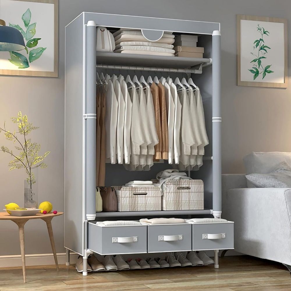 Portable Clothes Closet Rolling Door Wardrobe with Hanging Rack Non-Woven Fabric Storage Organizer with Three Drawer Boxes No-Tool Assembly - 67in*35.4in*17.7in(Gray) - Discount Msrp