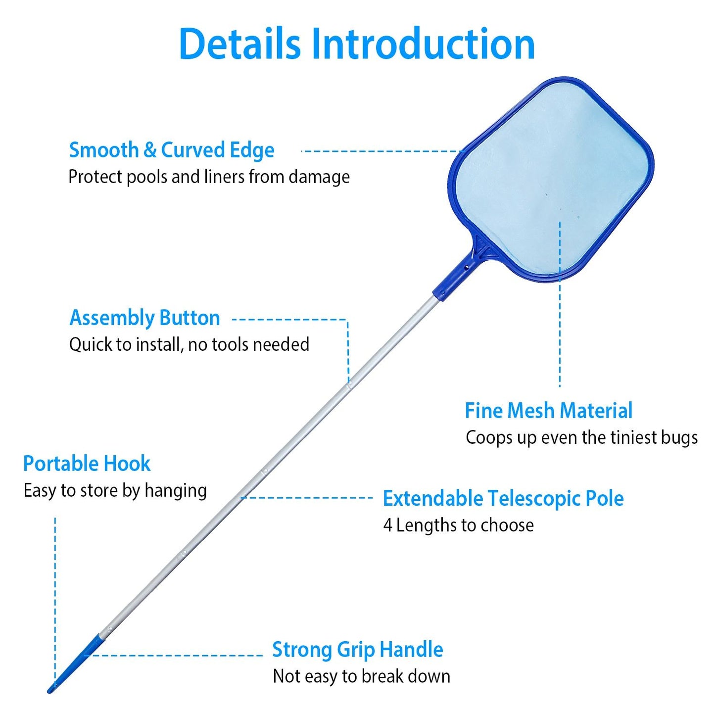 Swimming Pool Telescopic Leaf Net Skimmer Rake with Adjustable Aluminum Pole and Nylon Medium Fine Mesh for Cleaning Swimming Pools, Hot Tubs, Spas and Fountains - Discount Msrp