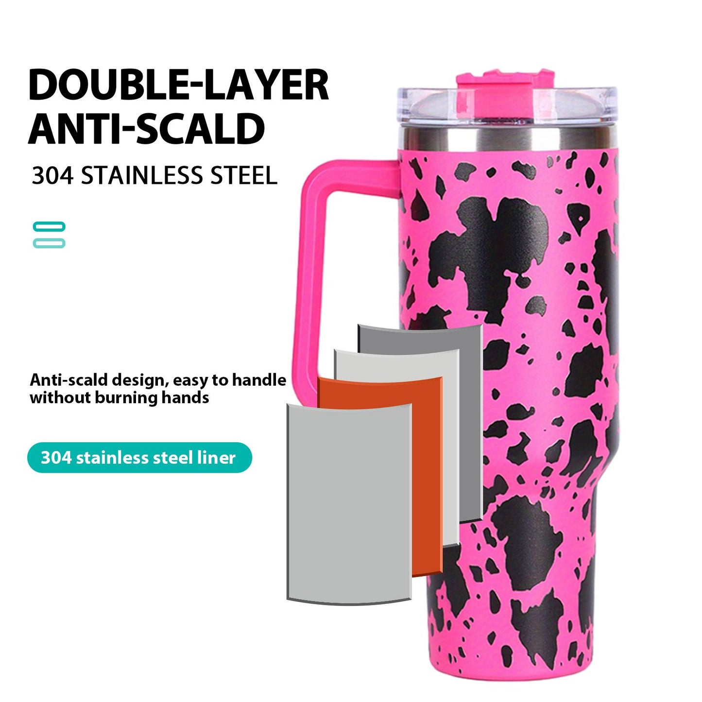 40oz 5D cowprint Insulated Tumbler With Handle And Straw Lid Portable Large Capacity water bottle, Heat preservation,304 Stainless Steel Cup For Outdoor Sports, Travel & Camping Birthday Gift - Discount Msrp