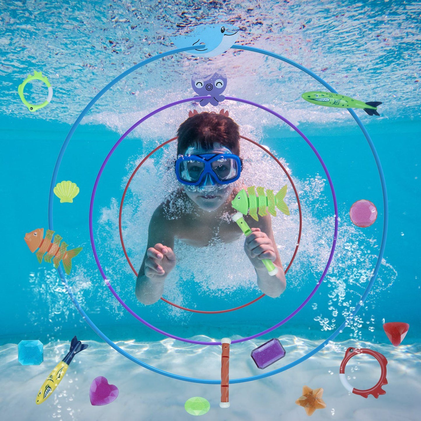 24Pcs Diving Toys Swimming Pool Toys Swim Toys for Kids Aged 3+ Years Old Swim Thru Rings Torpedoes Gems Volleyball Storage Bag - Discount Msrp