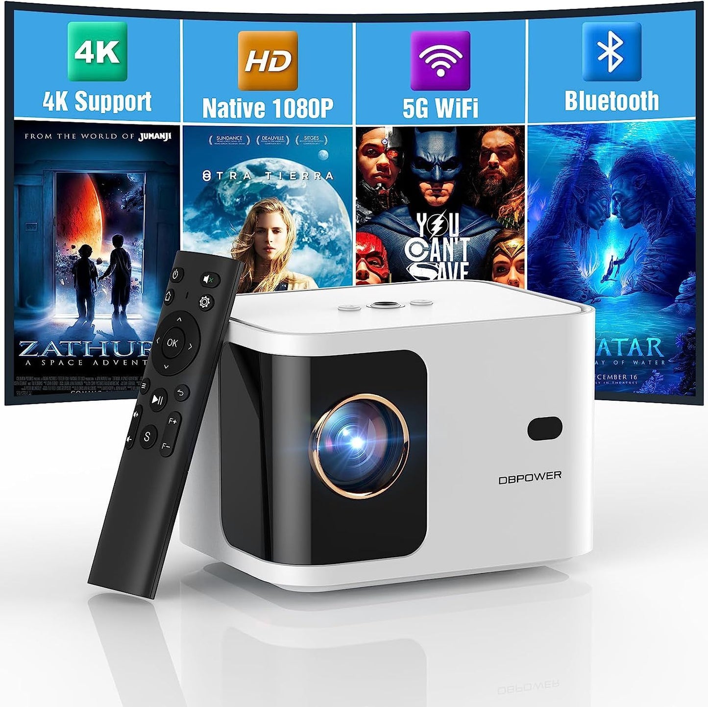 5G WiFi Mini Bluetooth Projector 4K Support, 300 ANSI HD 1080P Portable Video Projector, ±40° Vertical Keystone|Zoom|Timer, DBPOWER Smartphone Projector Outdoor Movie for PC/TV(White) - Discount Msrp