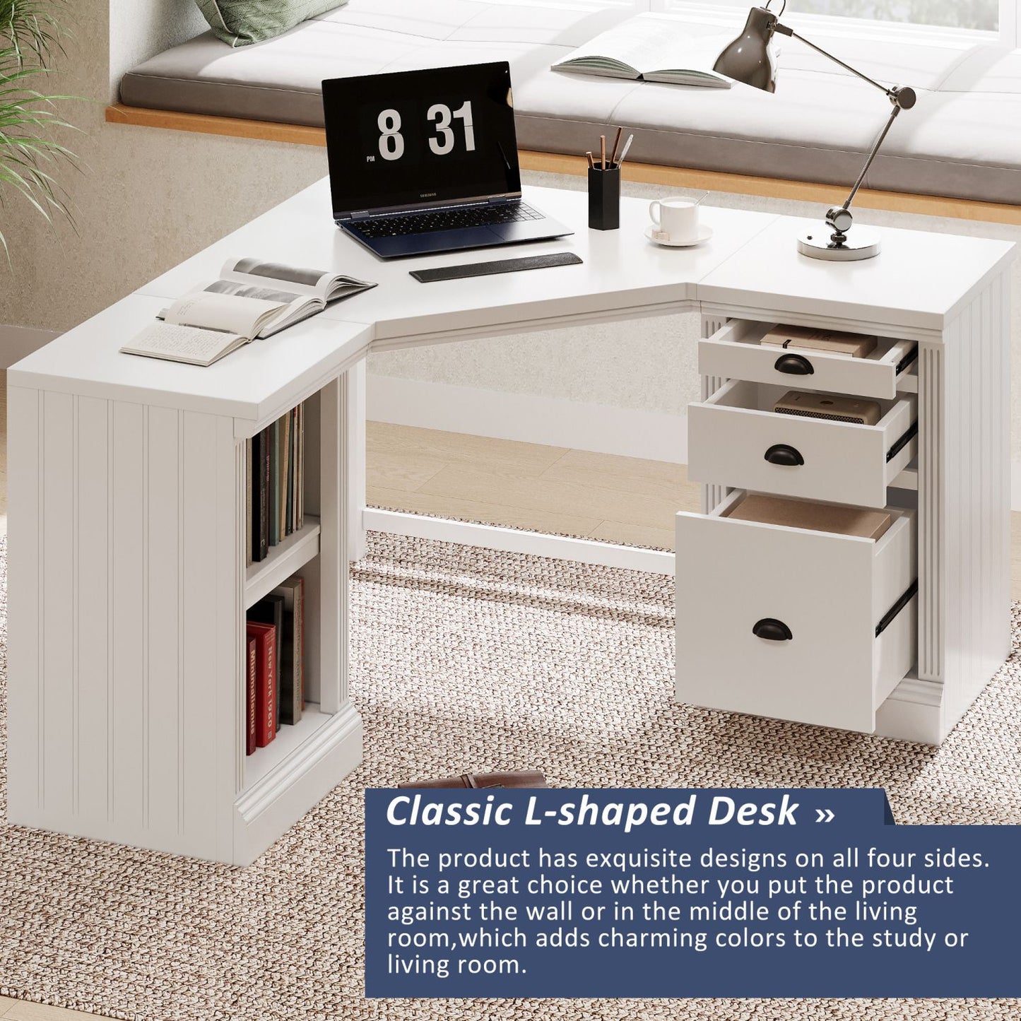 57.68" Modern L Shaped Executive Desk with 2 Storage Cabinets and 3 Drawers,Corner Writing Desk,Office Desk Furniture,Computer Desks with Depth Workstation for Home Office,Living room,White - Discount Msrp