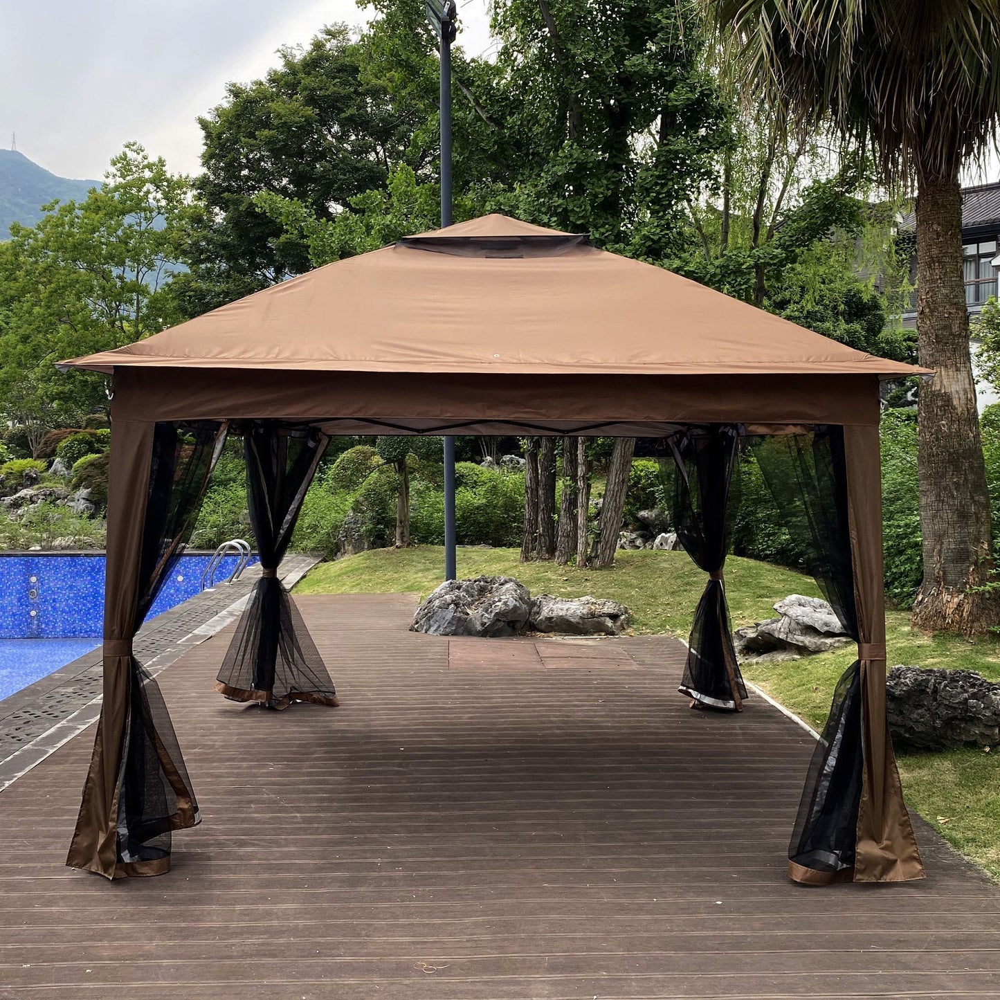 Outdoor 11x 11Ft Pop Up Gazebo Canopy With Removable Zipper Netting,2-Tier Soft Top Event Tent,Suitable For Patio Backyard Garden Camping Area with 4 Sandbags,Brown - Discount Msrp