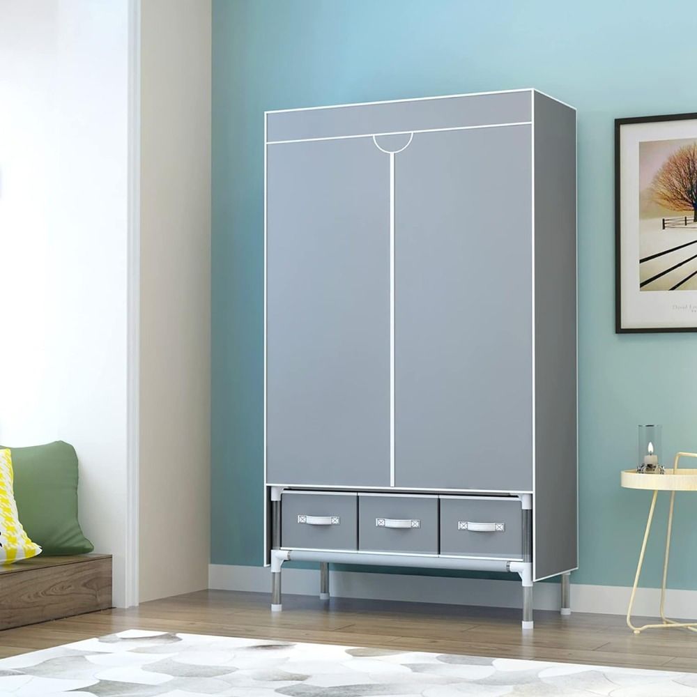 Portable Clothes Closet Rolling Door Wardrobe with Hanging Rack Non-Woven Fabric Storage Organizer with Three Drawer Boxes No-Tool Assembly - 67in*35.4in*17.7in(Gray) - Discount Msrp