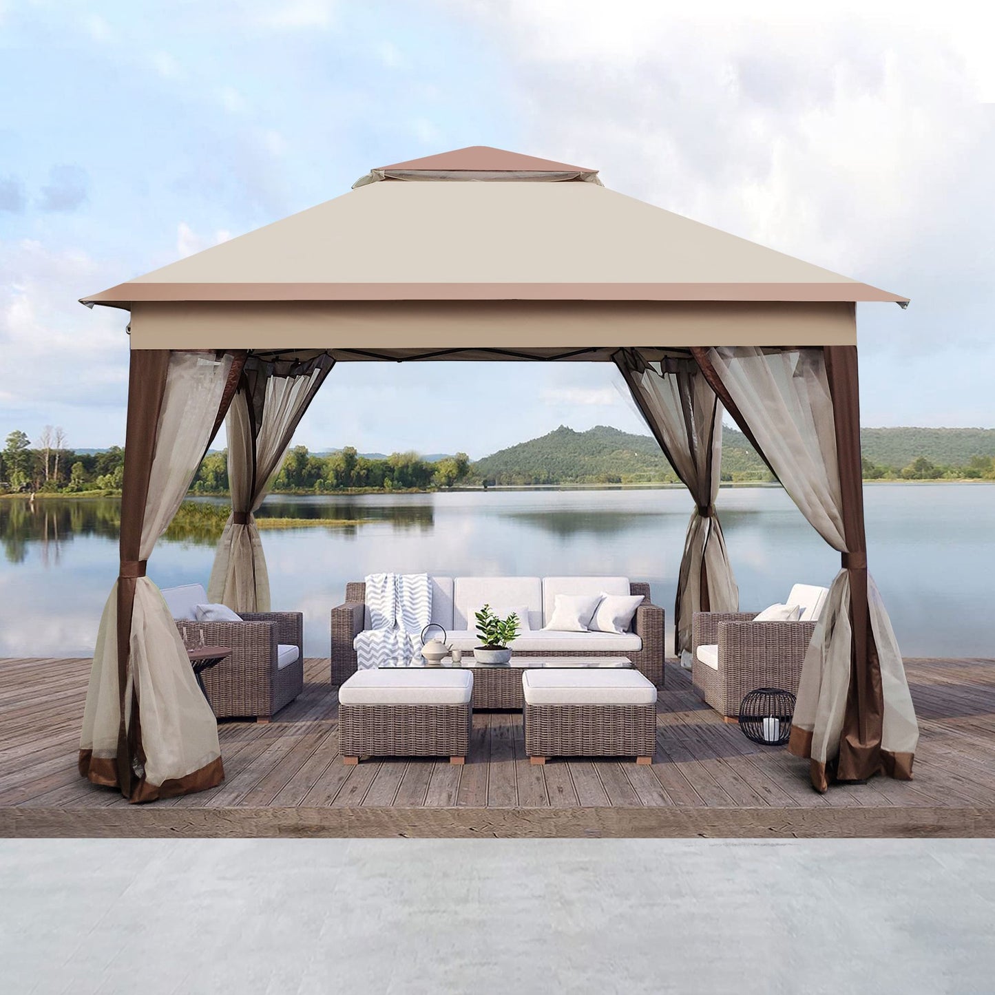 Outdoor 11x 11Ft Pop Up Gazebo Canopy With Removable Zipper Netting,2-Tier Soft Top Event Tent,Suitable For Patio Backyard Garden Camping Area,Coffee - Discount Msrp