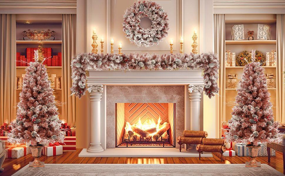 GO 4-Pieces Set Artificial Christmas Tree, Brown Needles with flocking, with Warm Lights, pine cones and berries, Artificial Tree for door and fireplace - Discount Msrp