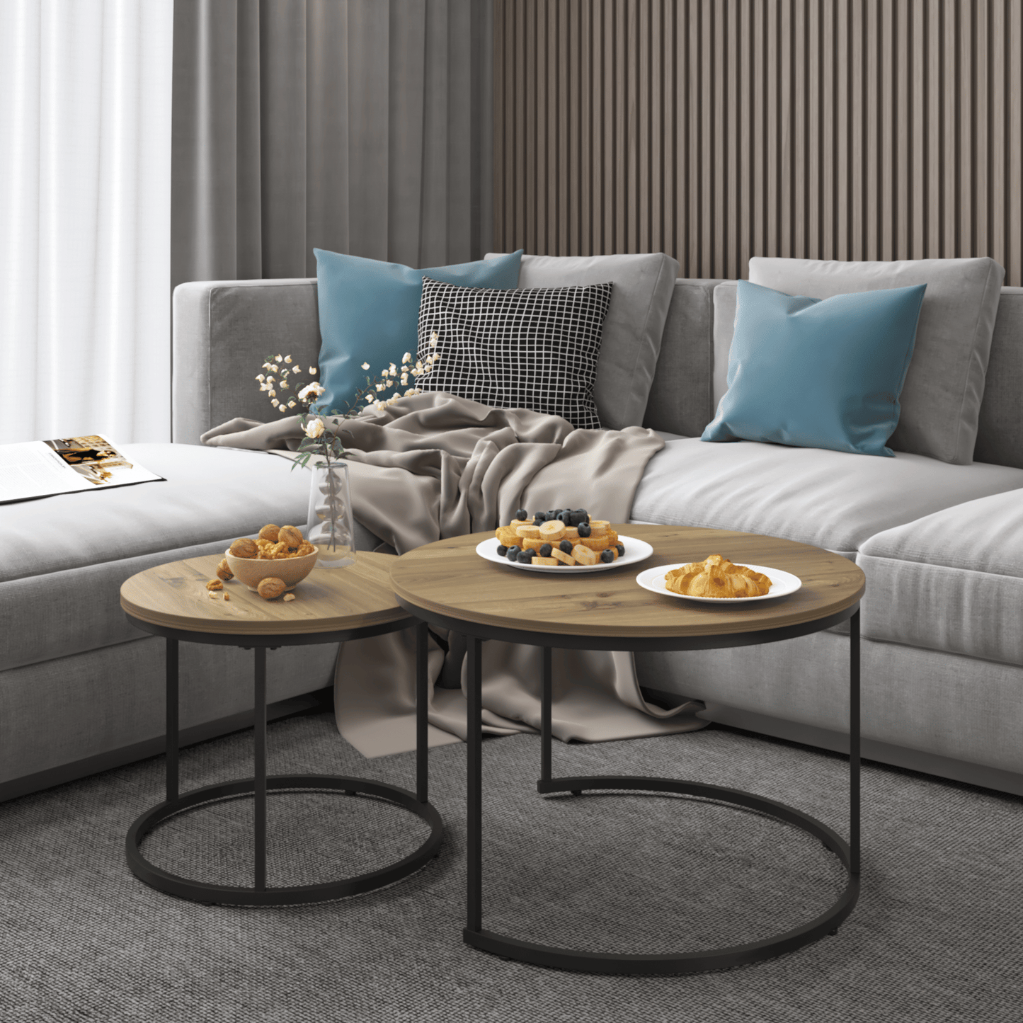 Nesting Coffee Table Set of 2, 27.6inch Round Coffee Table Industrial Wood Finish with Sturdy Metal Frame, End Table Side Tables for Living Room Bedroom Balcony Yard - Discount Msrp