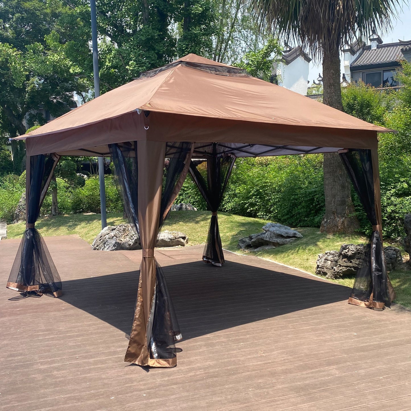 Outdoor 11x 11Ft Pop Up Gazebo Canopy With Removable Zipper Netting,2-Tier Soft Top Event Tent,Suitable For Patio Backyard Garden Camping Area with 4 Sandbags,Brown - Discount Msrp
