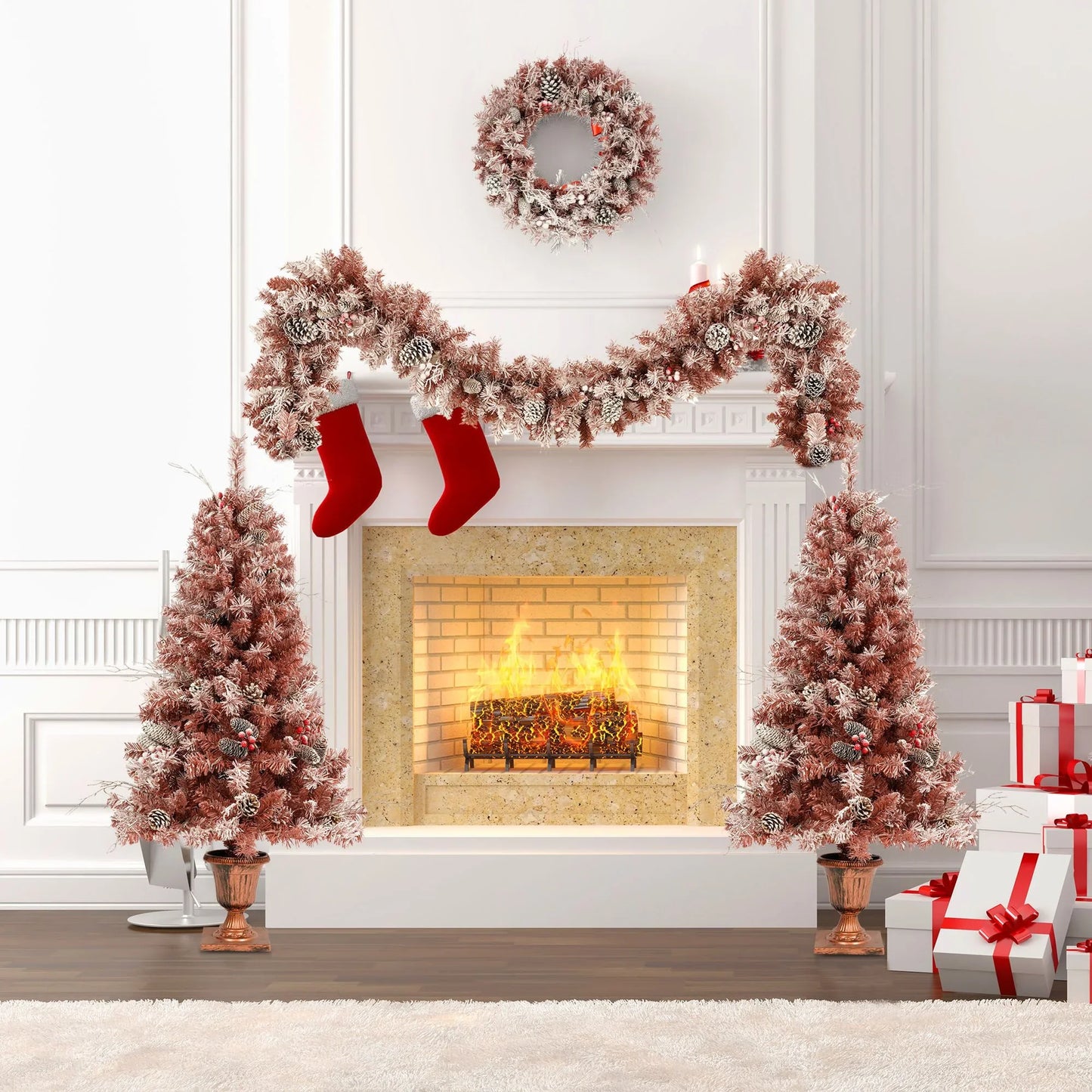 GO 4-Pieces Set Artificial Christmas Tree, Brown Needles with flocking, with Warm Lights, pine cones and berries, Artificial Tree for door and fireplace - Discount Msrp