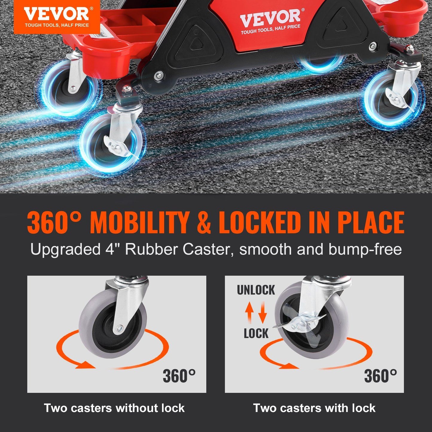 VEVOR Mechanics Stool, 300 LBS Capacity Rolling Mechanic Seat with 4" Wheels, with Three Slide Out Tool Trays and Drawer, Heavy Duty Roller Creeper Seat for Home Garage DIY Automotive - Discount Msrp