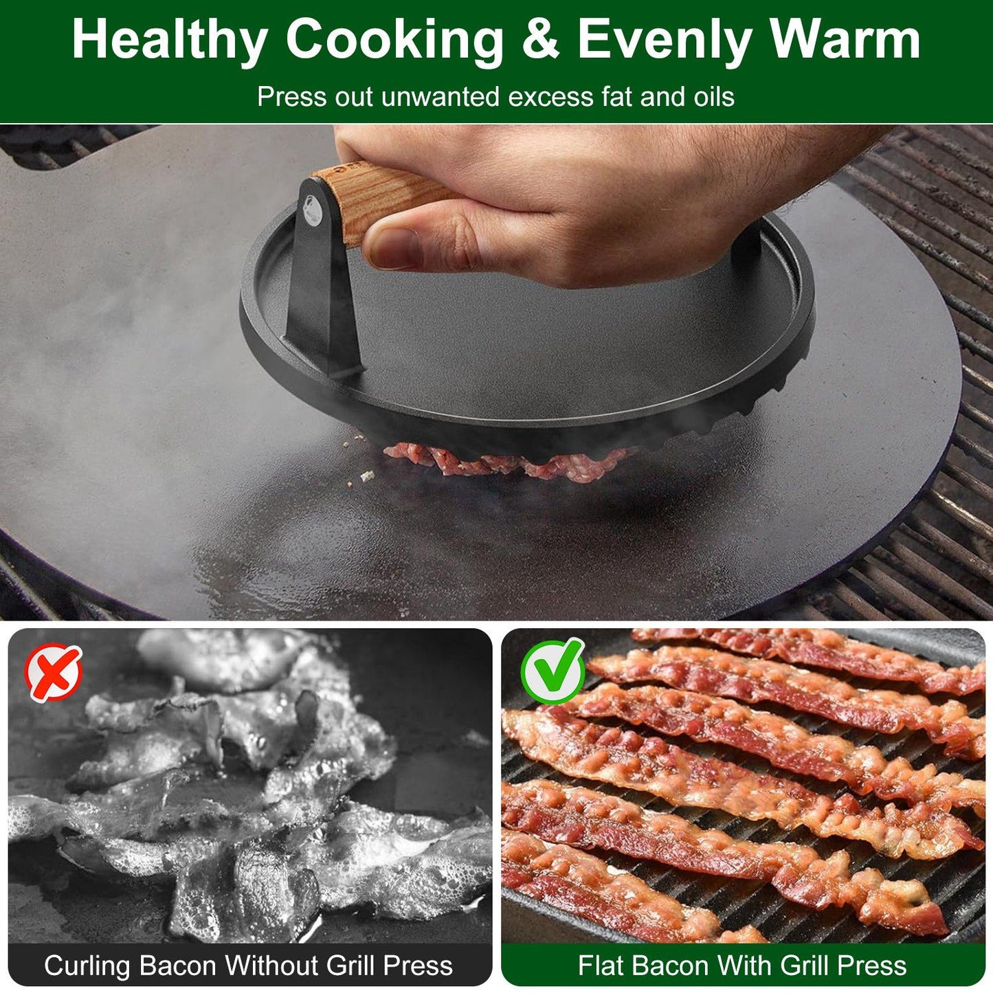 2Pcs Cast Iron Grill Press Pre-Seasoned Steak Weights Smash Burger Press Bacon Meat Smasher with Wood Handle 7in Round & 8.2x4.25in Rectangular Grill Press - Discount Msrp